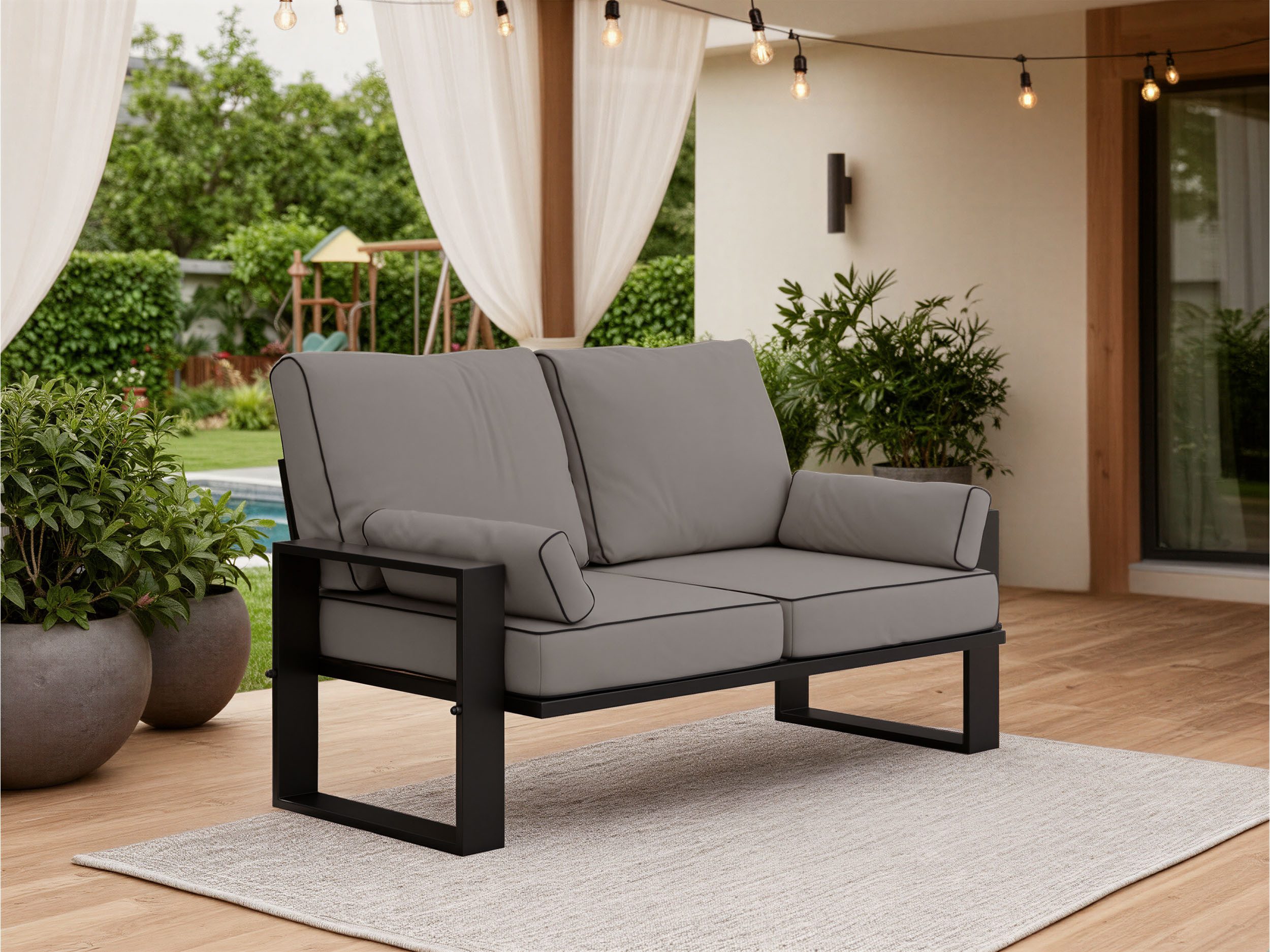 MKS MÖBEL Sofa ELBA, Wellenfeder, Stahlrahmen, T30-Schaum, Outdoor, Terrasse, Wetterfest, 2-Personen, Gartensofa mit Kissen, Metall