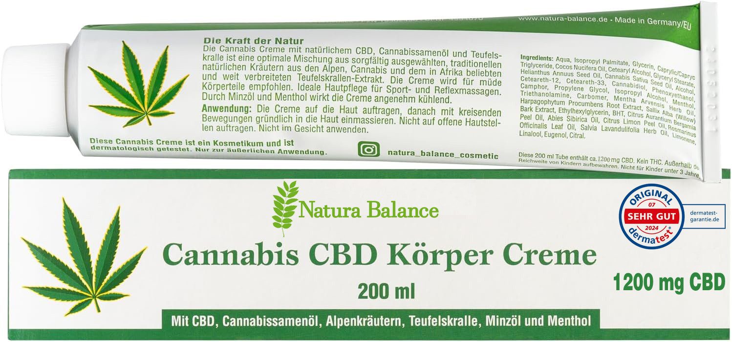 Natura Balance Körpercreme 200ml Cannabis Creme mit 1200mg CBD Teufelskralle Alpenkräuter kühlend, kann wohltuend wirken für Muskeln und Gelenke