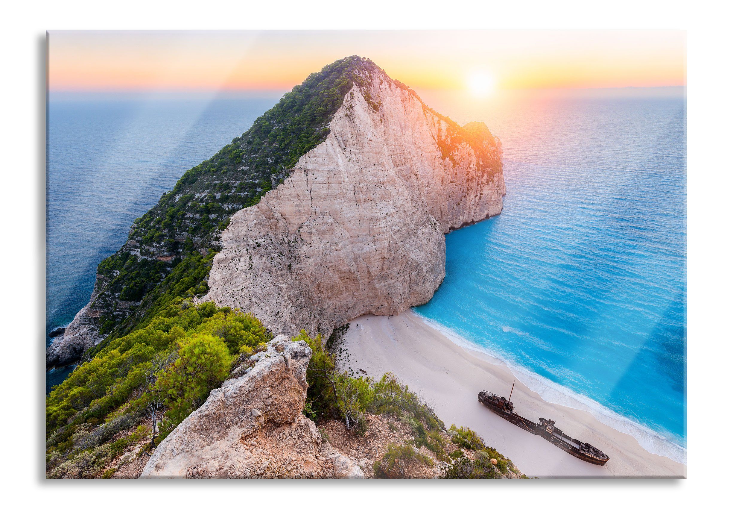 Glasbild Nagio Strand im Sonnenuntergang