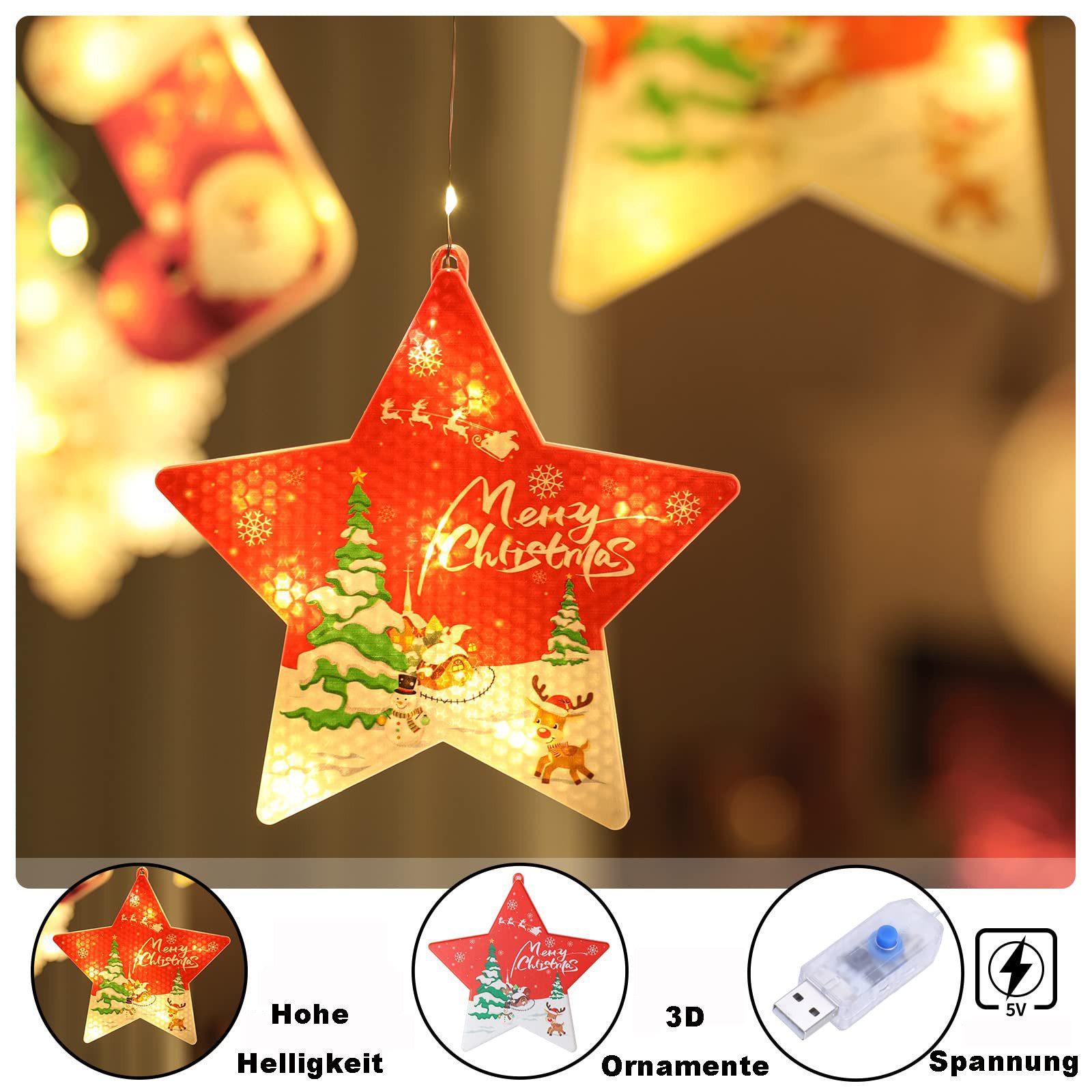 Rosnek LED-Lichterkette Lichtervorhang Innen Dimmbar, 3M Weihnachtsbeleuchtung Fensterlicht, Weihnachtsdeko USB 8 Modi Timer für Wohnzimmer Treppe Balkon Baum
