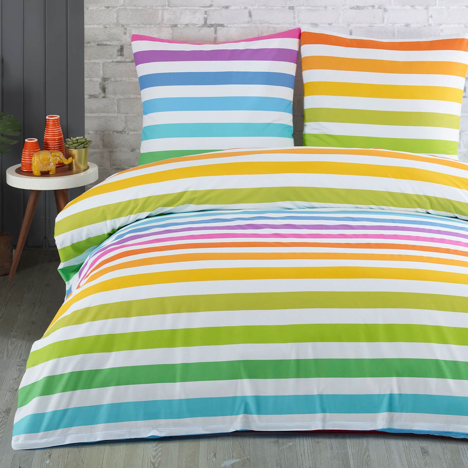 Bettwäsche Regenbogen, Buymax, 100% Baumwolle Renforcé, 2 teilig, 135x200 cm, mit Reißverschluss, Gestreift, Streifen Bunt Rot Weiß Grau