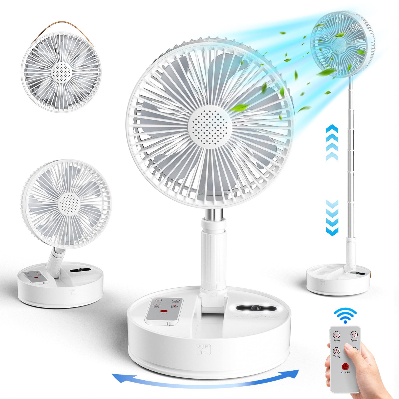 Quntis Akku-Standventilator mit Fernbedienung, Timer, höhenverstellbar bis 102 cm, automatischer, 4 Windstufen, höhenverstellbar bis 102cm für Schlafzimmer Büro Reise