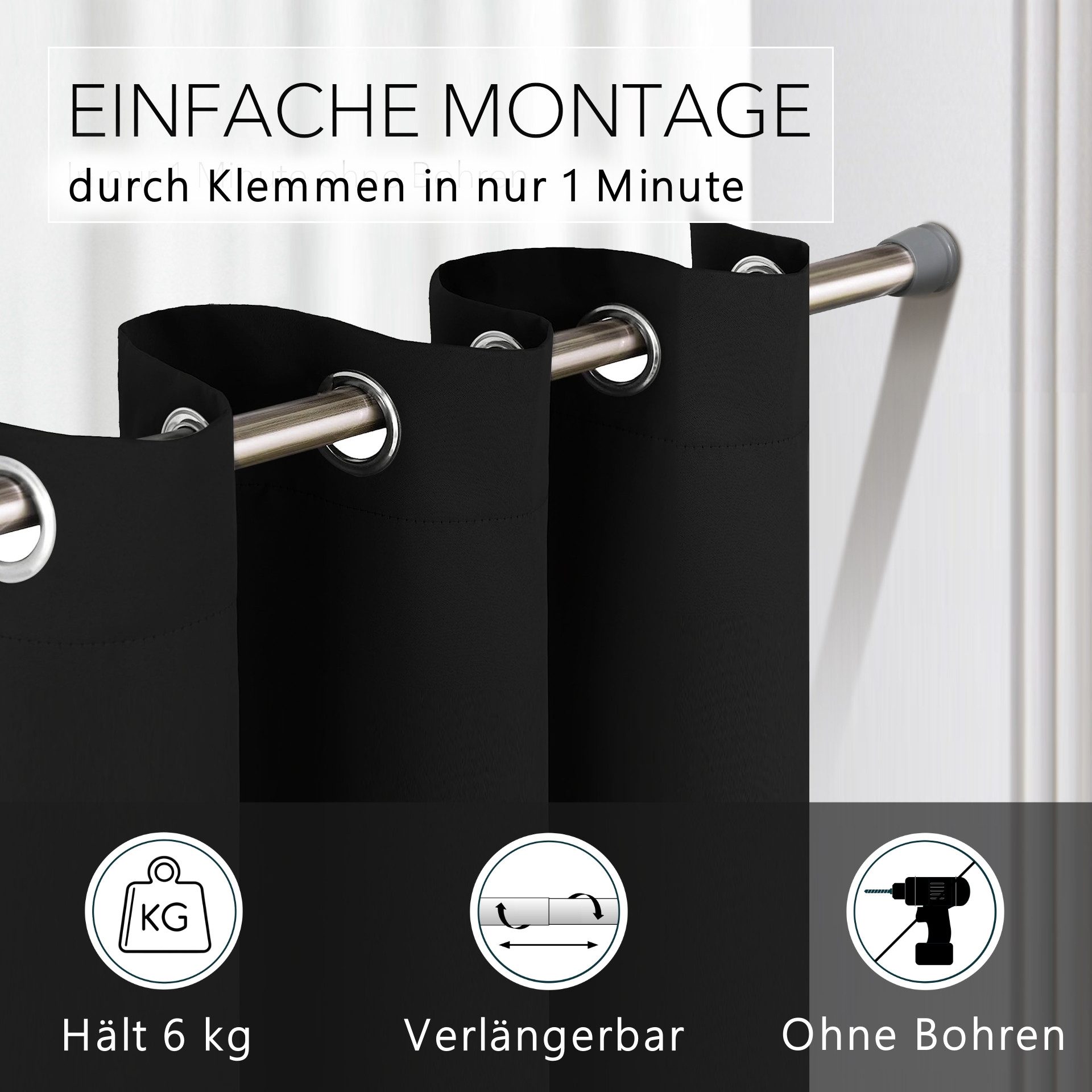 tinycurtains Klemmstange Teleskopstange 55-90 cm Türvorhangstange Duschvorhangstange Badstange, Ø 0.22 mm, 1-läufig, ausziehbar, klemmbar, geklemmt, Metall, Stange für Türvorhang ohne Bohren stufenlos verstellbar rostfrei
