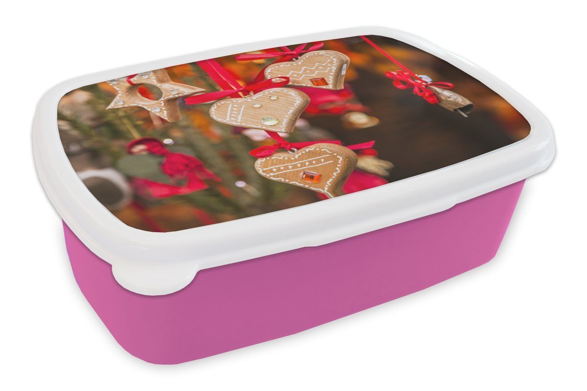 MuchoWow Lunchbox Die hängende Herzdekoration auf dem Weihnachtsmarkt von Trient, Kunststoff, (2-tlg), Brotbox für Erwachsene, Brotdose Kinder, Snackbox, Mädchen, Kunststoff rosa