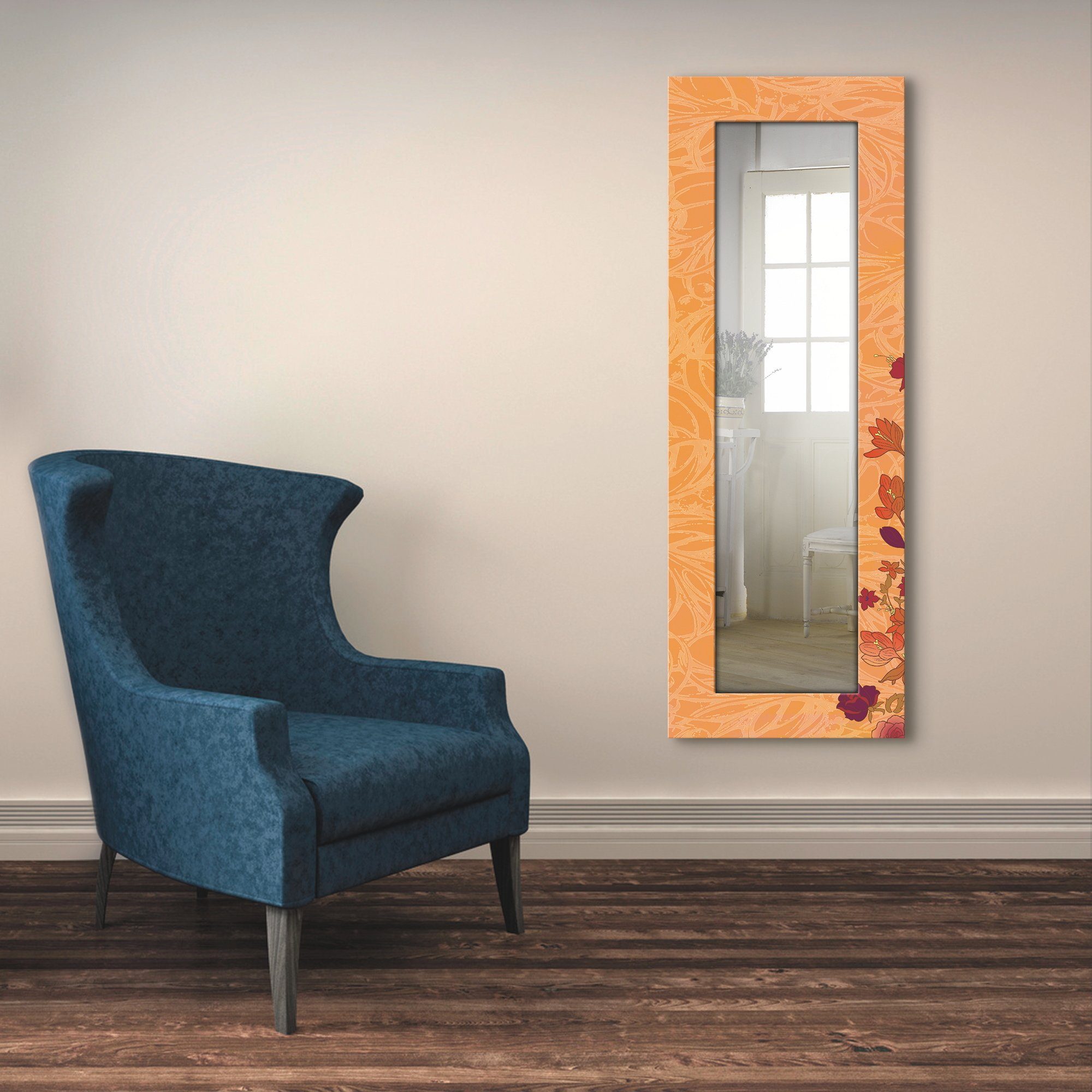Dekospiegel mit gerahmter Ganzkörperspiegel, Landhaus Artland Blumen Wandspiegel, orange, Motivrahmen,