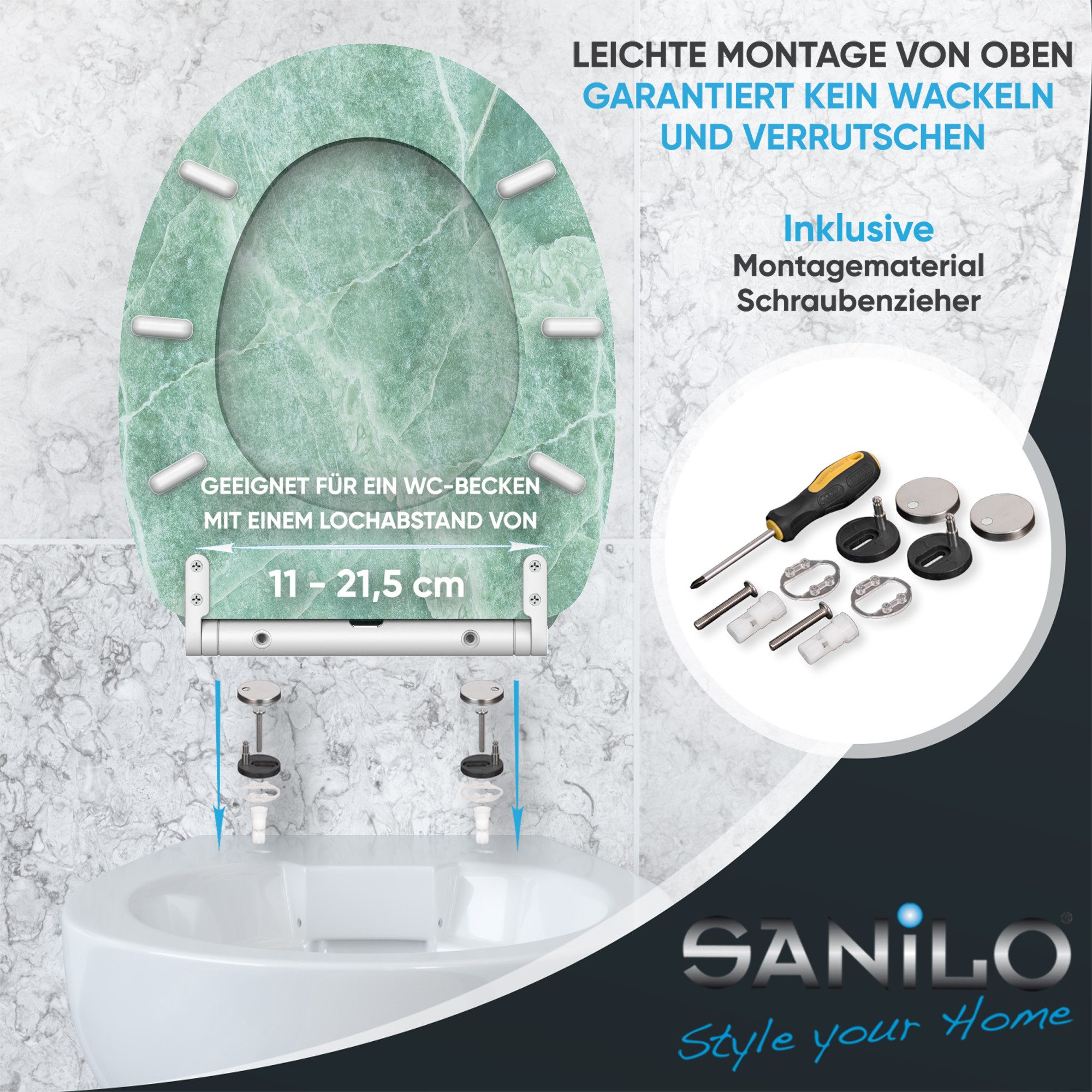 Sanilo WC-Sitz Marmor Grün mit Absenkautomatik & Quick Release, Premium Toilettendeckel, abnehmbar, leichte Montage von oben – Bild 5 von 5