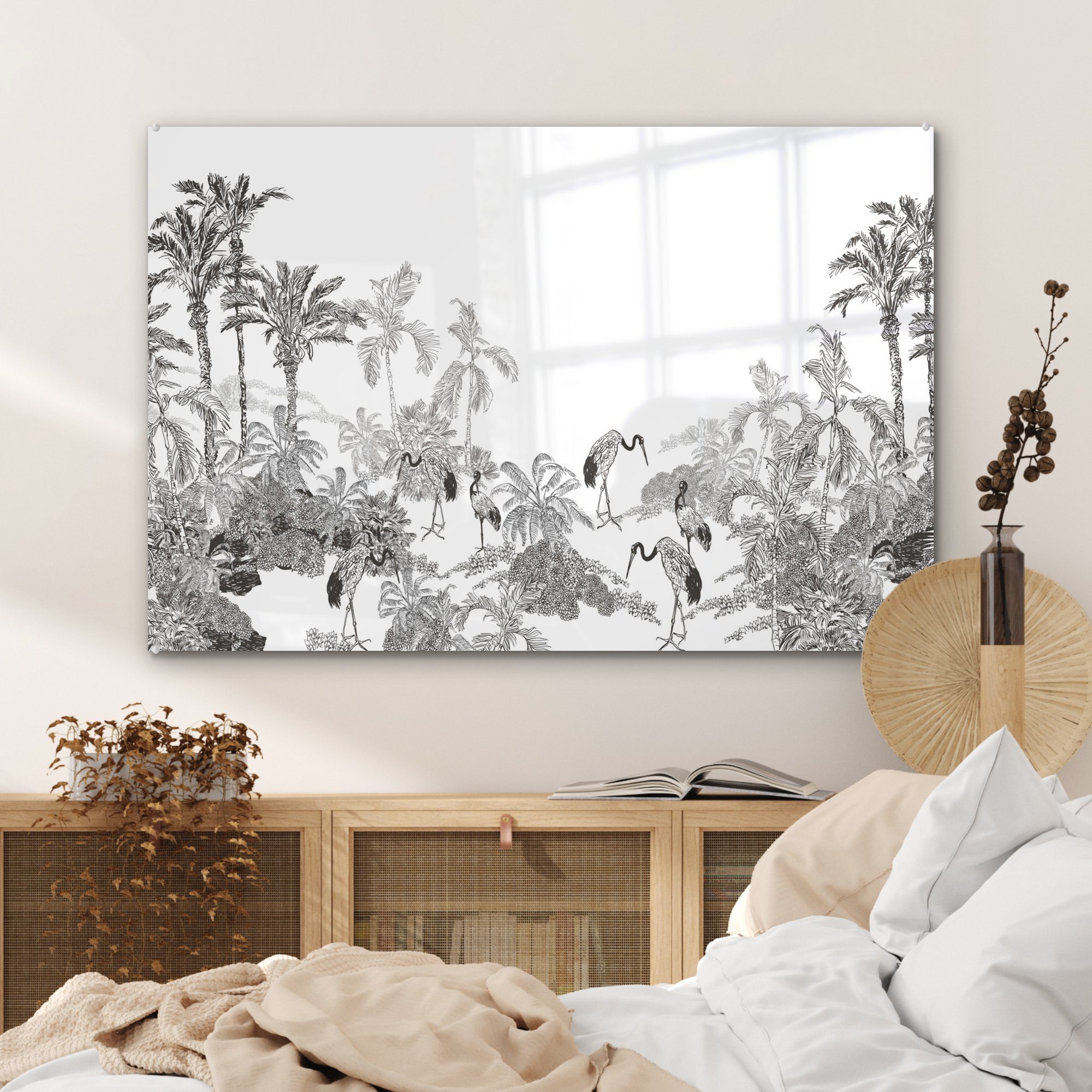 (1 Acrylglasbilder MuchoWow - St), Wohnzimmer - Schlafzimmer - Acrylglasbild Weiß, Vögel Schwarz & Dschungel