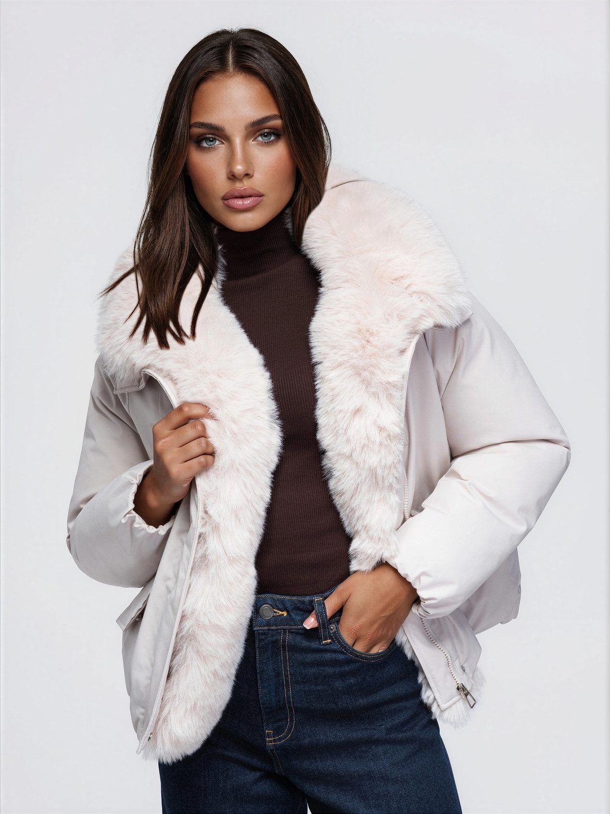 OMBRE Winterjacke Damen Winterjacke mit elegantem Design Ecru L (kein Set, 1-St) in Unifarbe
