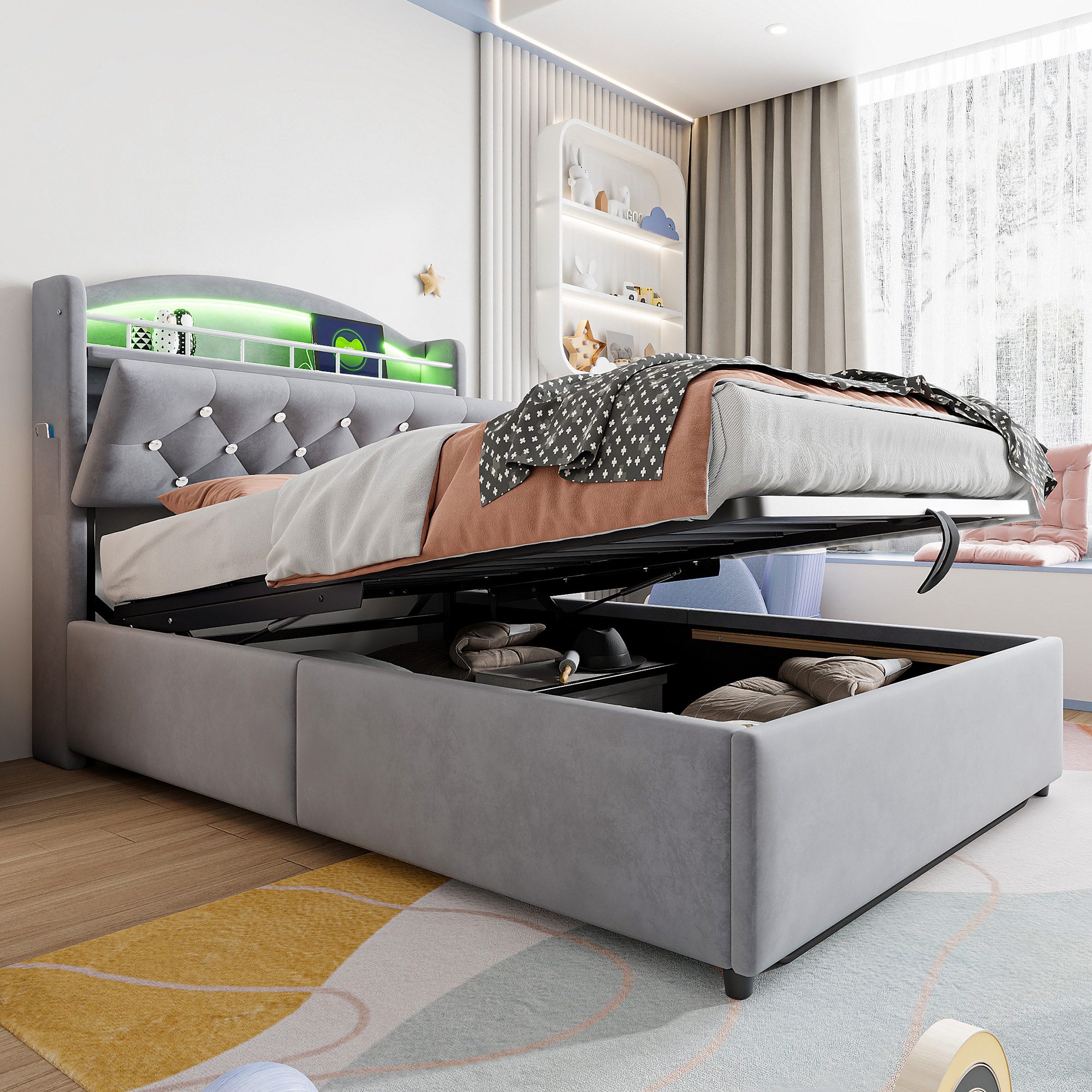 Flieks Polsterbett, Hydraulisches Kinderbett 90x200cm mit LED, Stauraum und günstig online kaufen