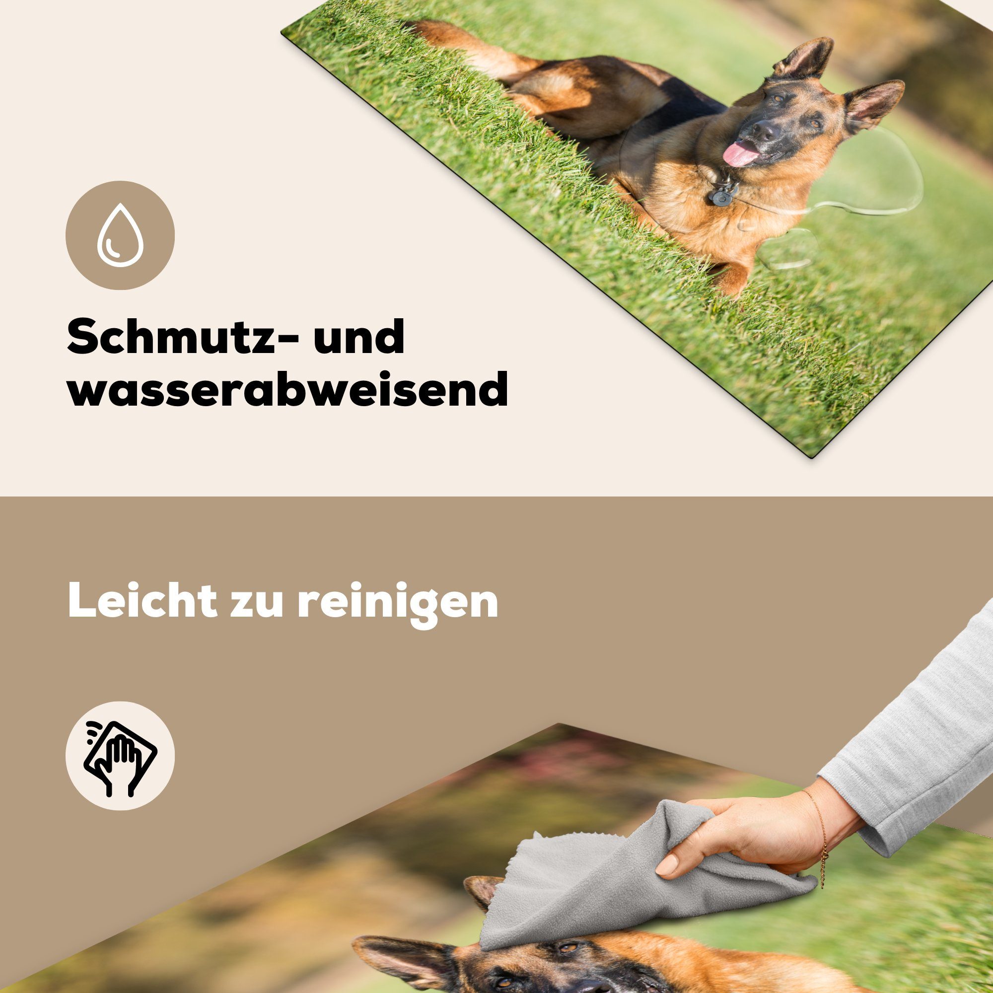MuchoWow Gras Schutz 81x52 Vinyl, für Schäferhund (1 Induktionskochfeld im Herdblende-/Abdeckplatte Deutscher liegend, Ceranfeldabdeckung tlg), küche, die cm,