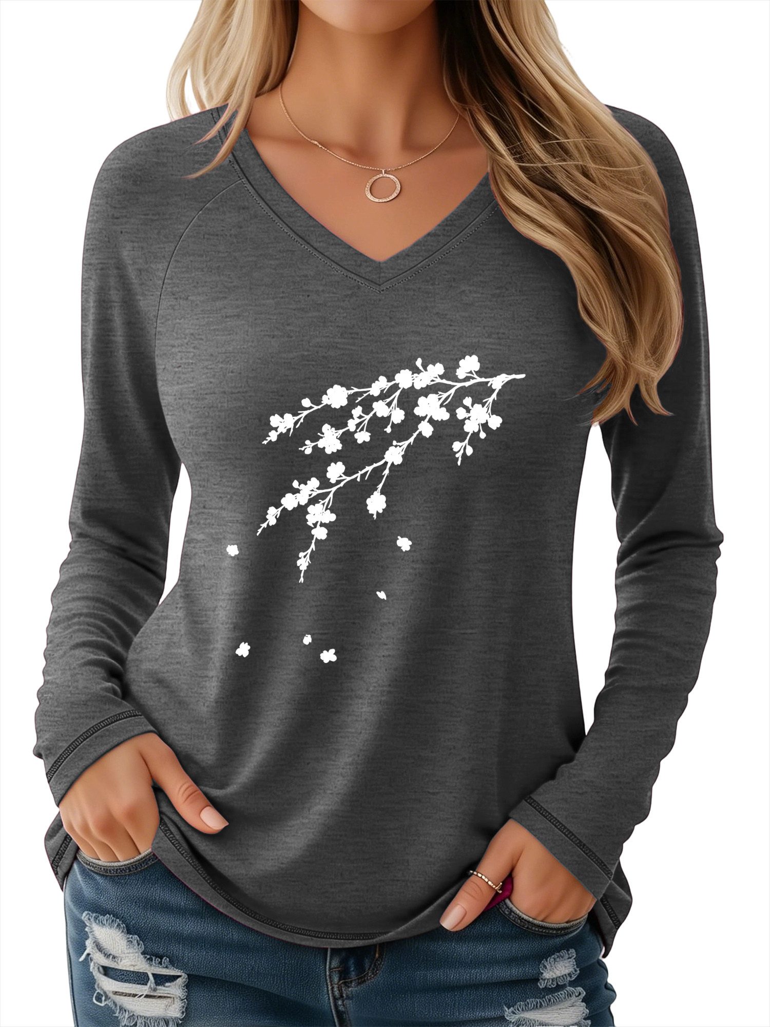 PYLIKE V-Shirt Bequemes Shirt Damen Langarm Basic-Shirt mit Pflaumenbusch Print Geeignet für den täglichen Gebrauch im Büro und zu Hause