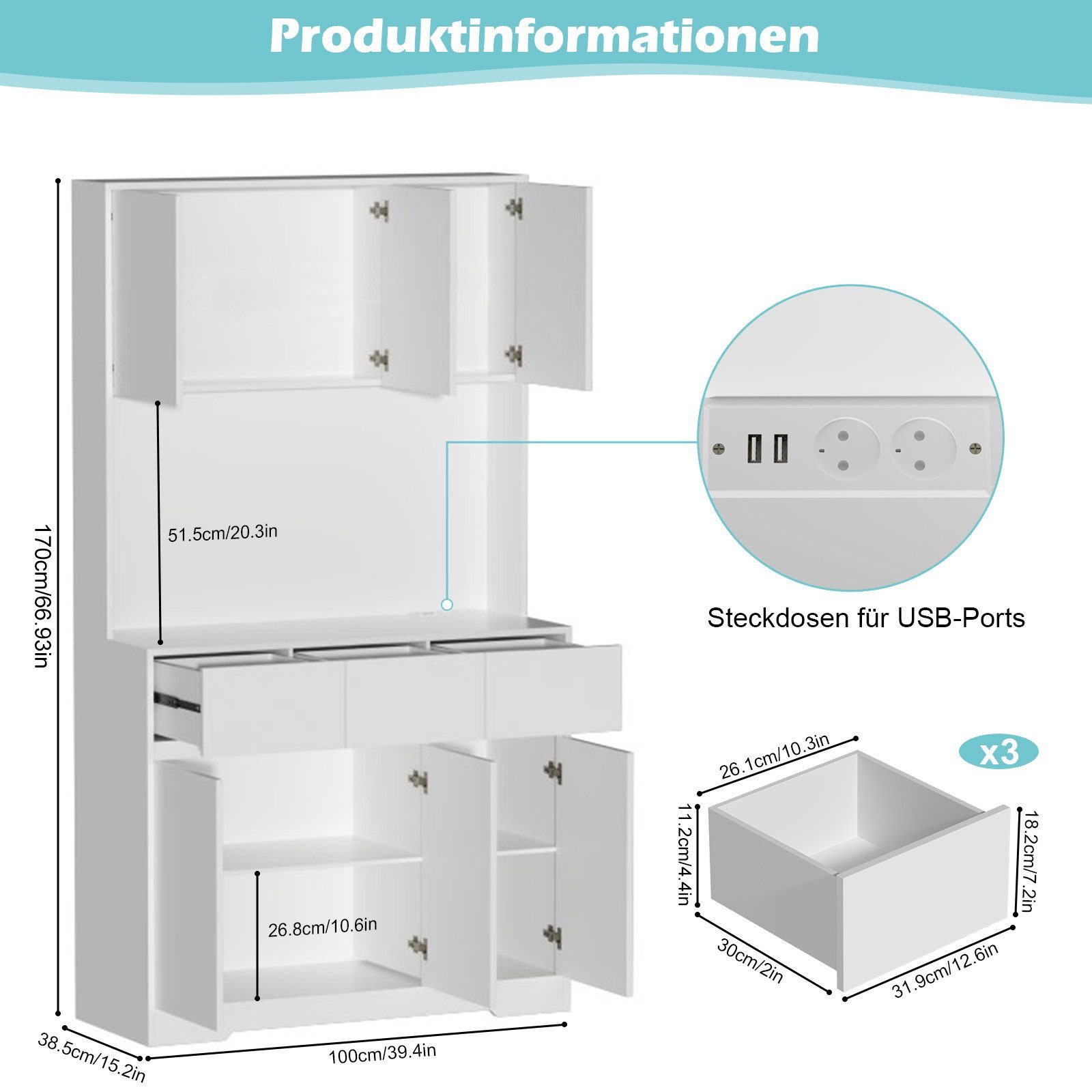 TWSOUL Küchenbuffet Küchenschrank mit Arbeitsplatte,LED,Steckdose,100 * 38, günstig online kaufen