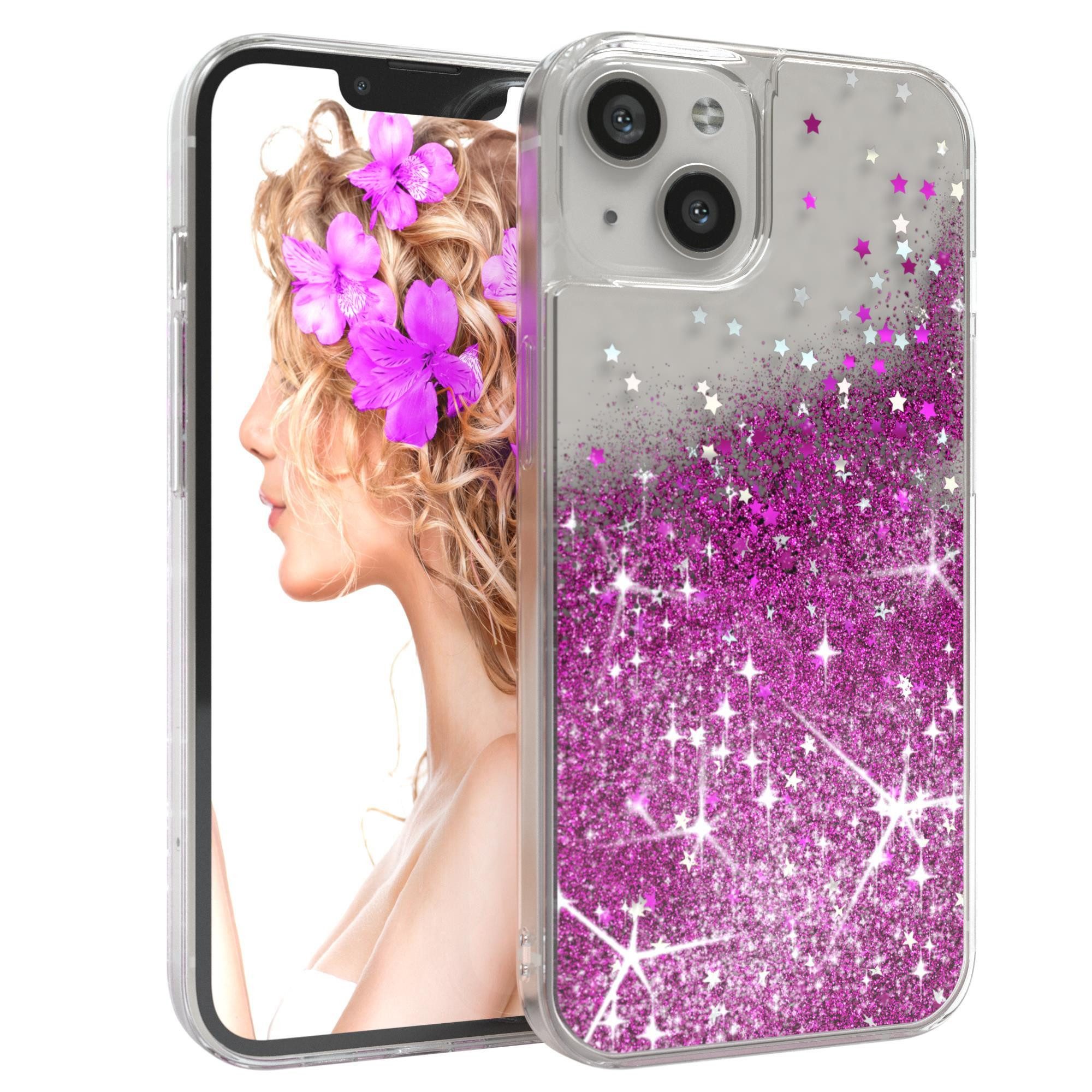 EAZY CASE Handyhülle Liquid Glittery Case für Apple iPhone 13 6,1 Zoll, Bumper Case Back Cover Glitter Glossy Handyhülle Etui Violett Lila