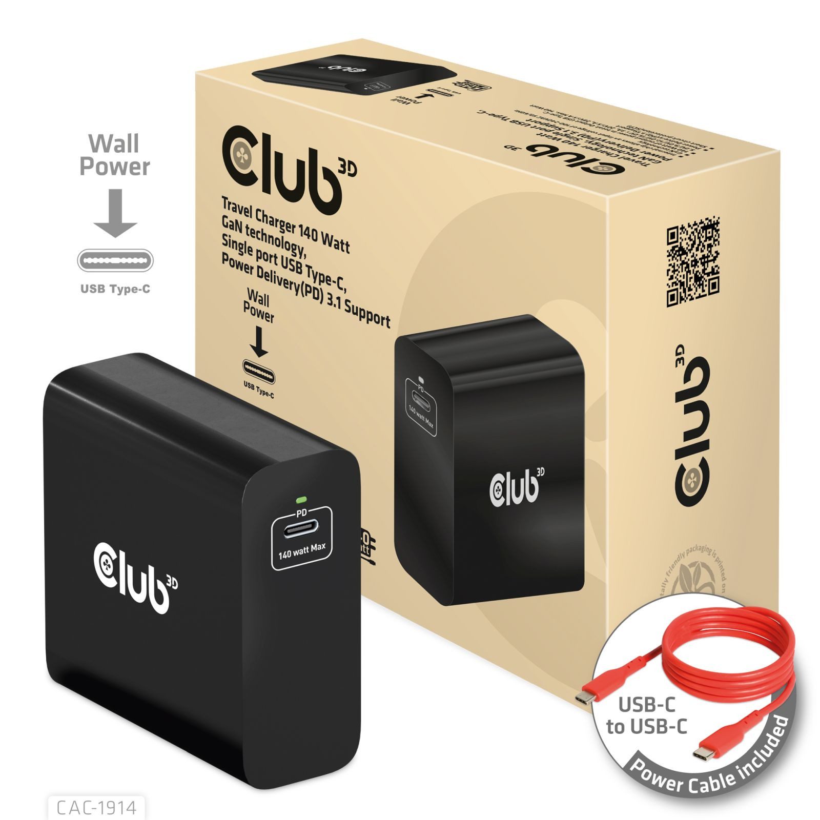 CLUB3D Netzteil - GaN-Technologie - 140 Watt - 5 A - Power Delivery 3.1 (24 p Netzteil