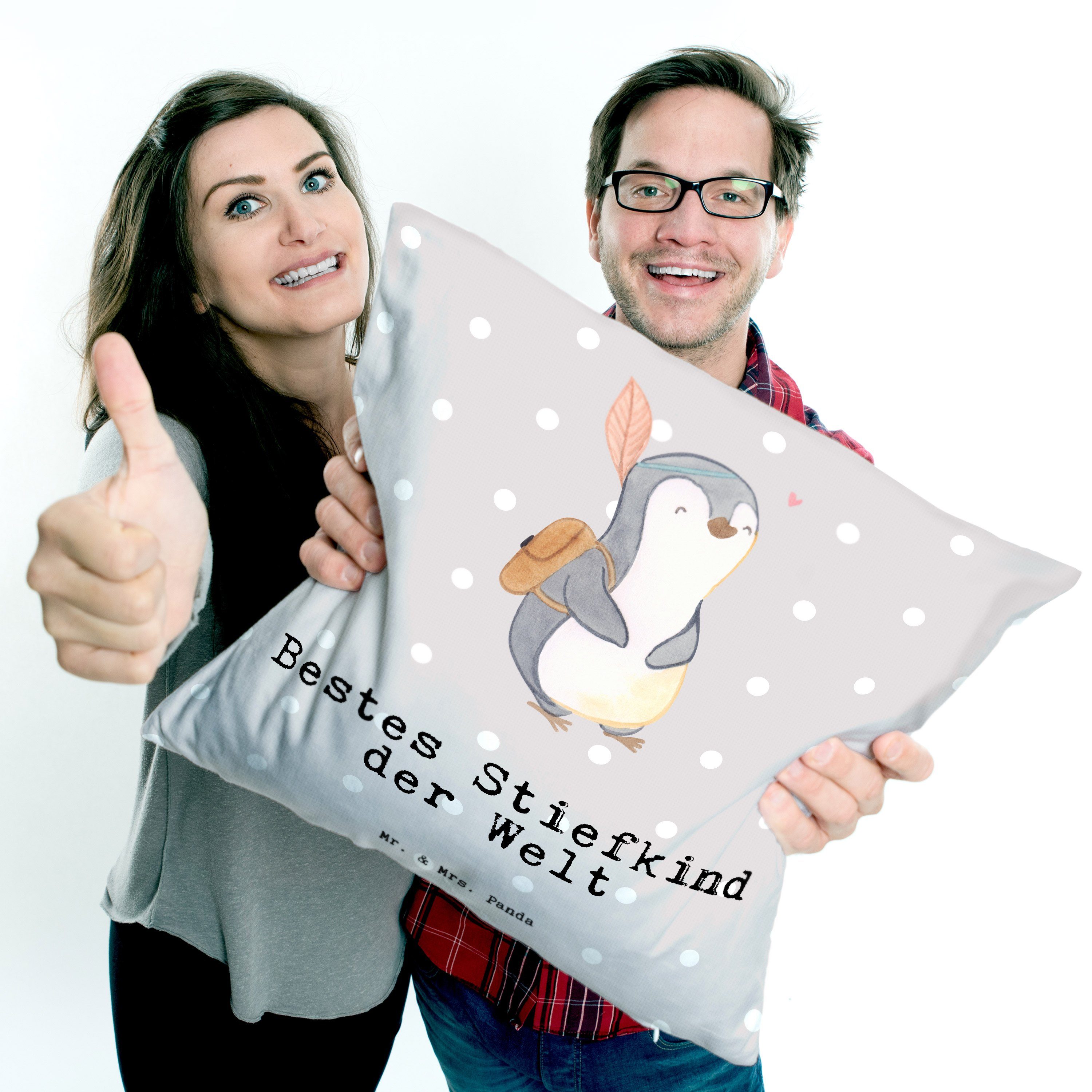 Grau - Dekokissen Mr. Pastell & Mrs. Bestes Pinguin Stiefkind der Panda - Welt Geschenk, Geburtst