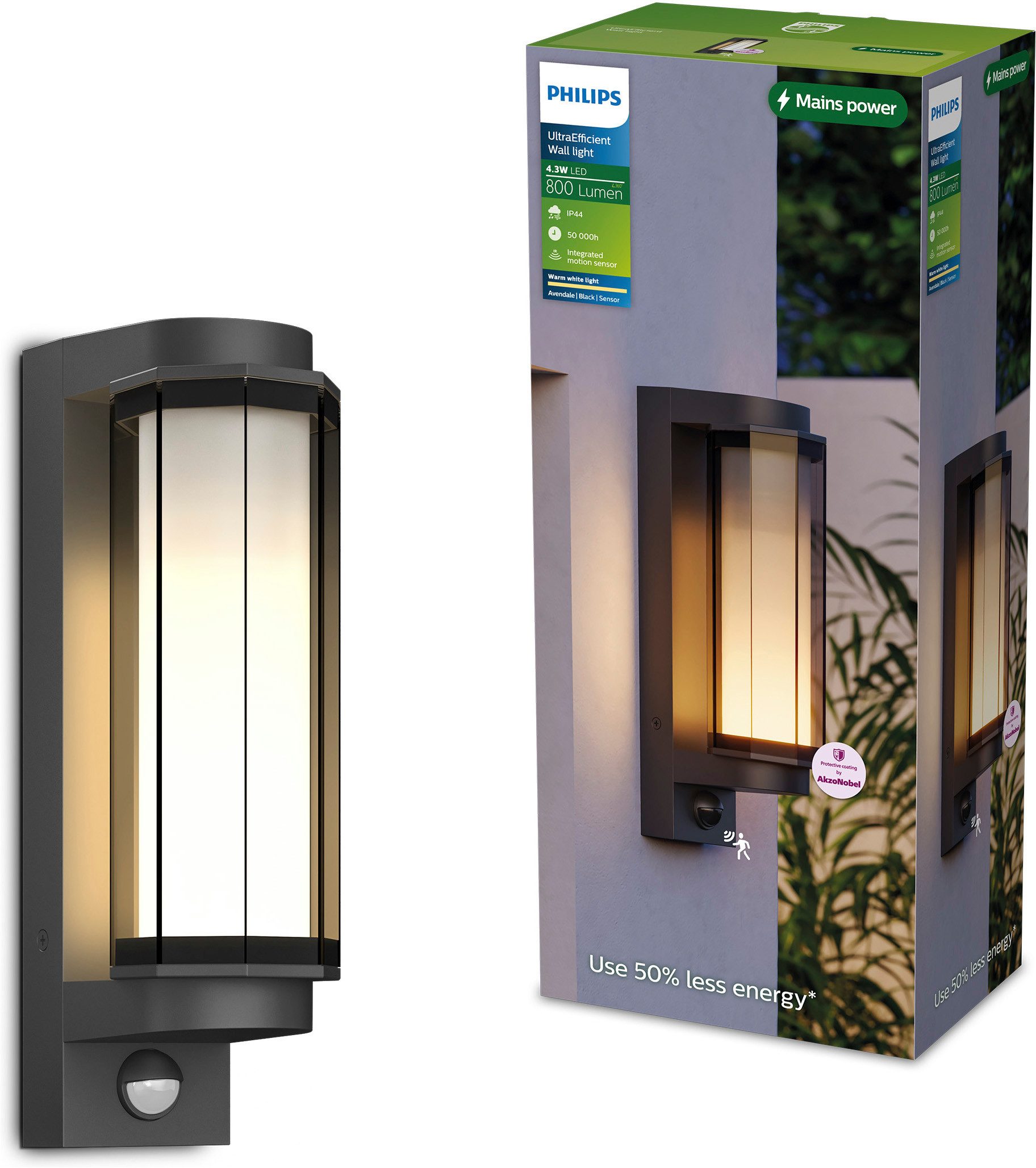 Philips Außen-Wandleuchte Avendale ultraeffiziente LED Outdoor mit Bewegungsmelder, Schwarz, Abschaltautomatik, Bewegungsmelder, LED fest integriert, Warmweiß, 800 lm, 2700 K Warmweiß, IP44, PowerShield-Beschichtung