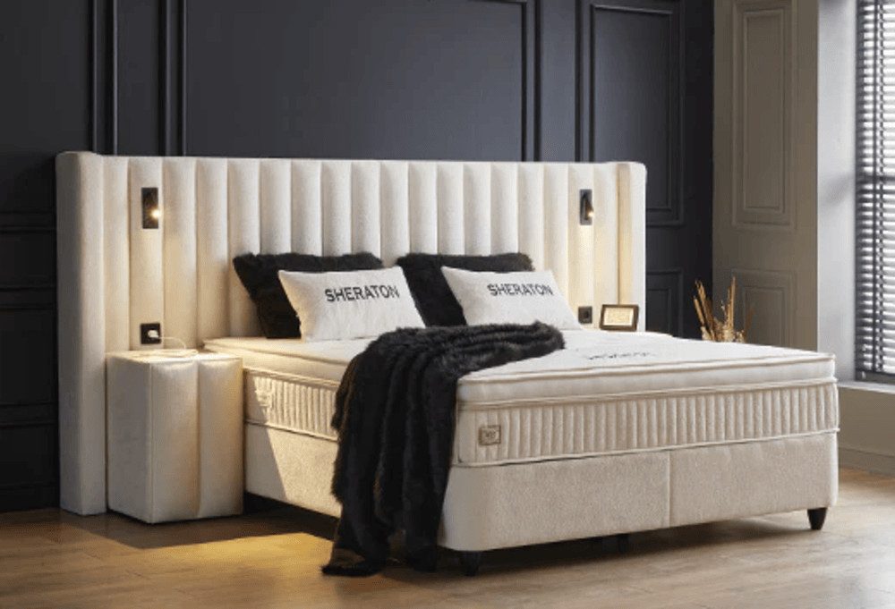 abc bedding Boxspringbett Boxspringbett SHERATON in stilvollem hellbeigem Creme-Stoffdesign, Voll-orthopädisches Schlafsystem inklusive Bettkasten