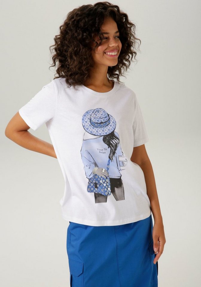 T-Shirt silberfarbenem NEUE Aniston - verzierter Folienprint mit KOLLEKTION Frontdruck CASUAL