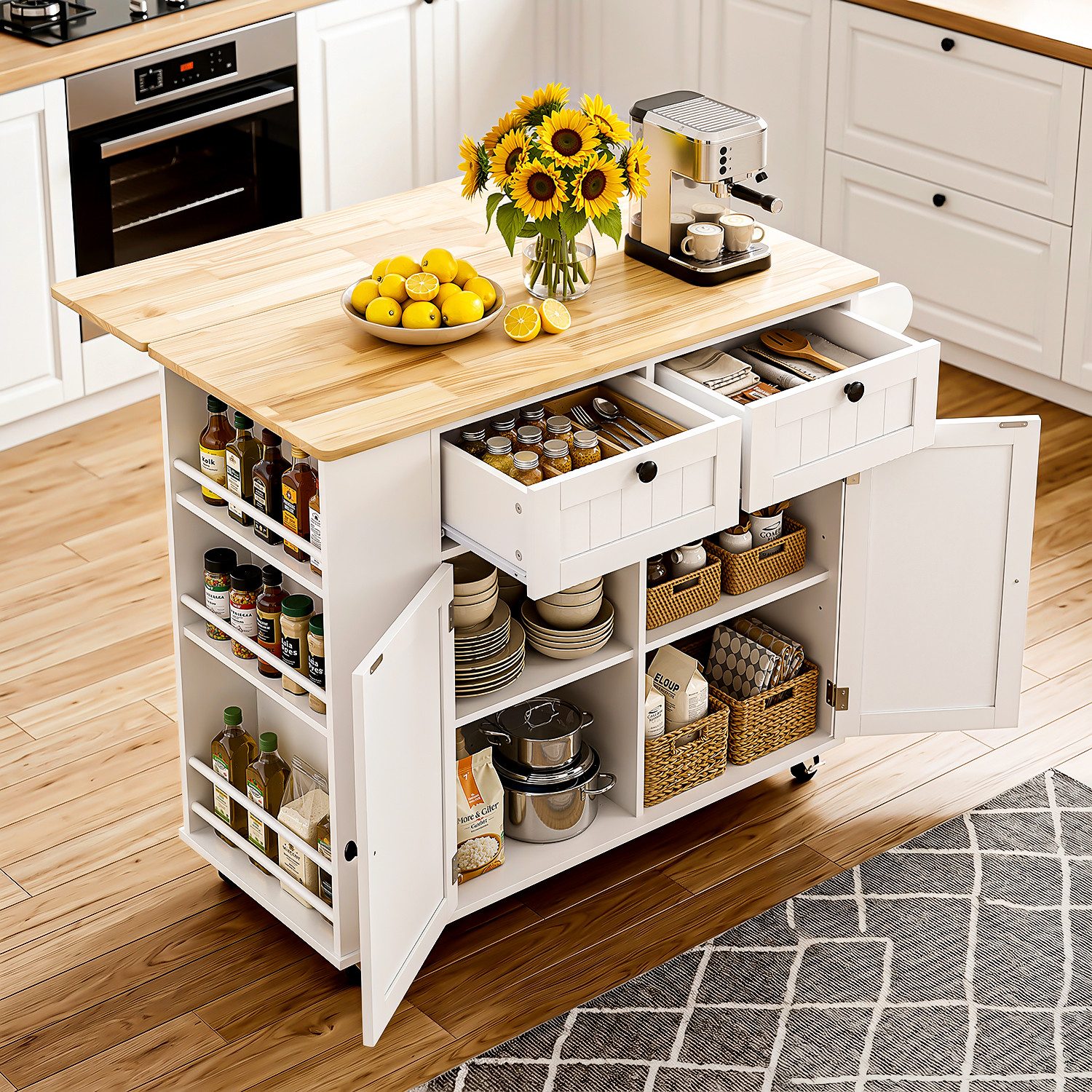 oyajia Küchenwagen Kücheninsel mit erweiterbare Arbeitsplatte, Sideboard freistehend, (Servierwagen mit Rollen, verstellbare Ablagen, 101x 44/ 74 x 87 cm), mit Schubladen & Gewürzregal