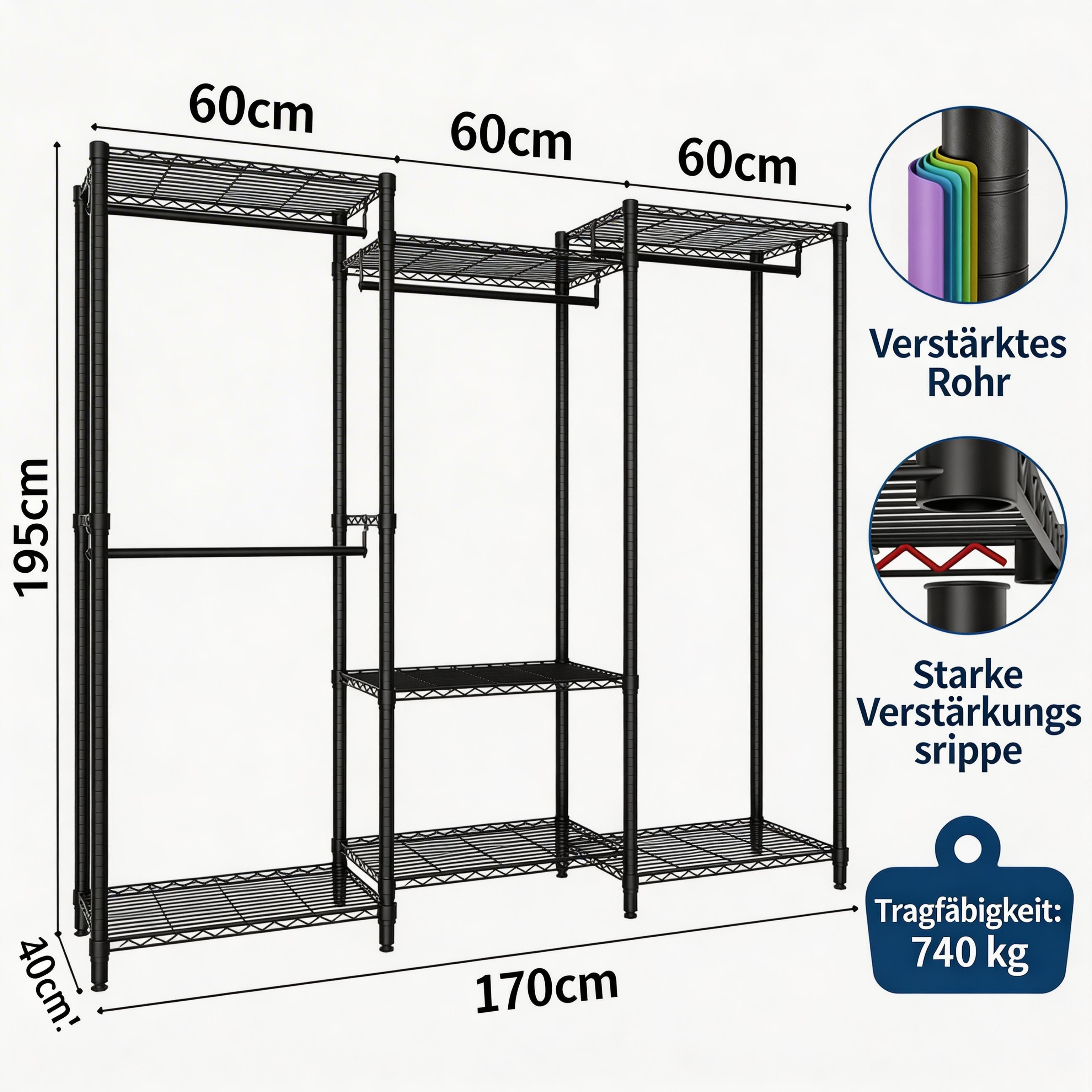 GarveeMore Kleiderständer Hangende Metall Kleidungshalter offen mit 4 Kleiderstangen – Bild 2 von 5