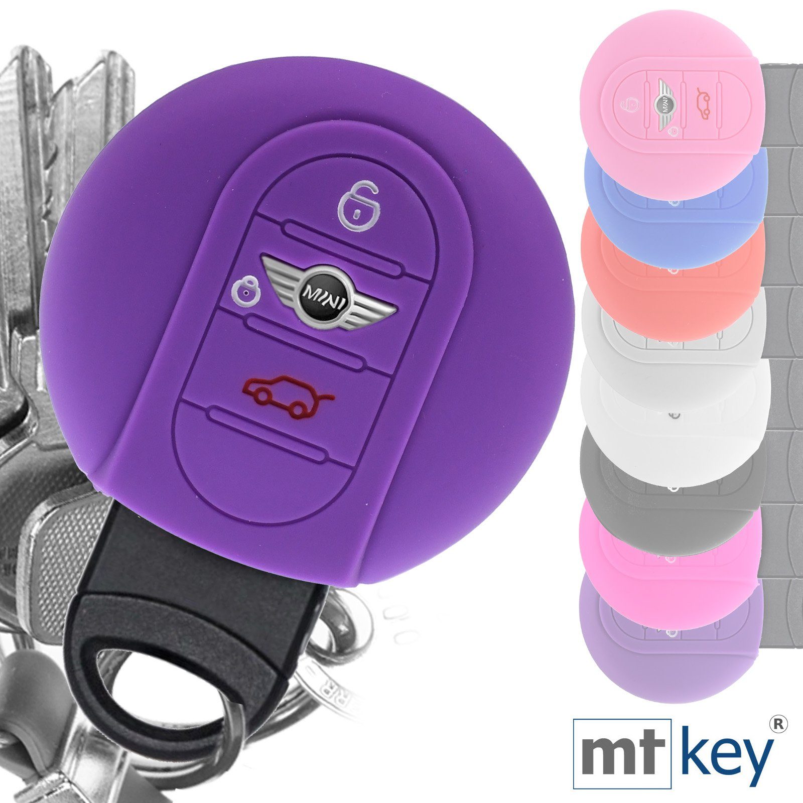 mt-key Schlüsseltasche Autoschlüssel Softcase Silikon Schutzhülle Lila, für Mini F56 F54 F55 F57 F60 Clubman Countryman 3 Tasten KEYLESS