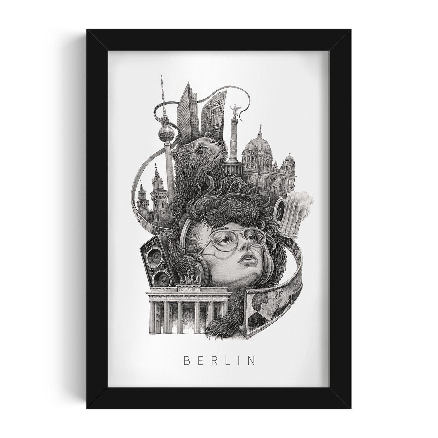 Tulup Bild mit Rahmen Berlin Schwarz-Weiß Wandkunst im Rahmen, Wandbild mit Rahmen
