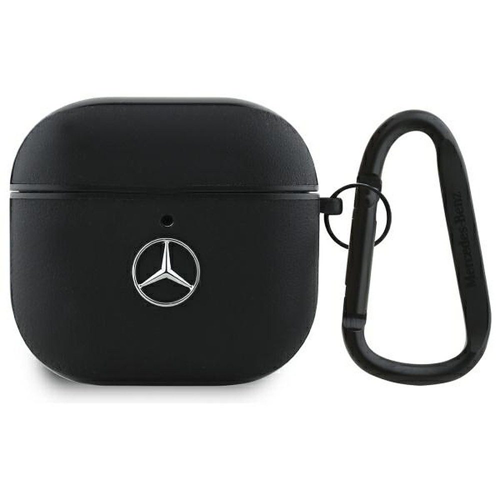 Mercedes Kopfhörer-Schutzhülle Ohrhörerhülle Ladeboxschutz Karabinertasche, Echtleder, Metall-Logo, Karabiner, präzise Passform