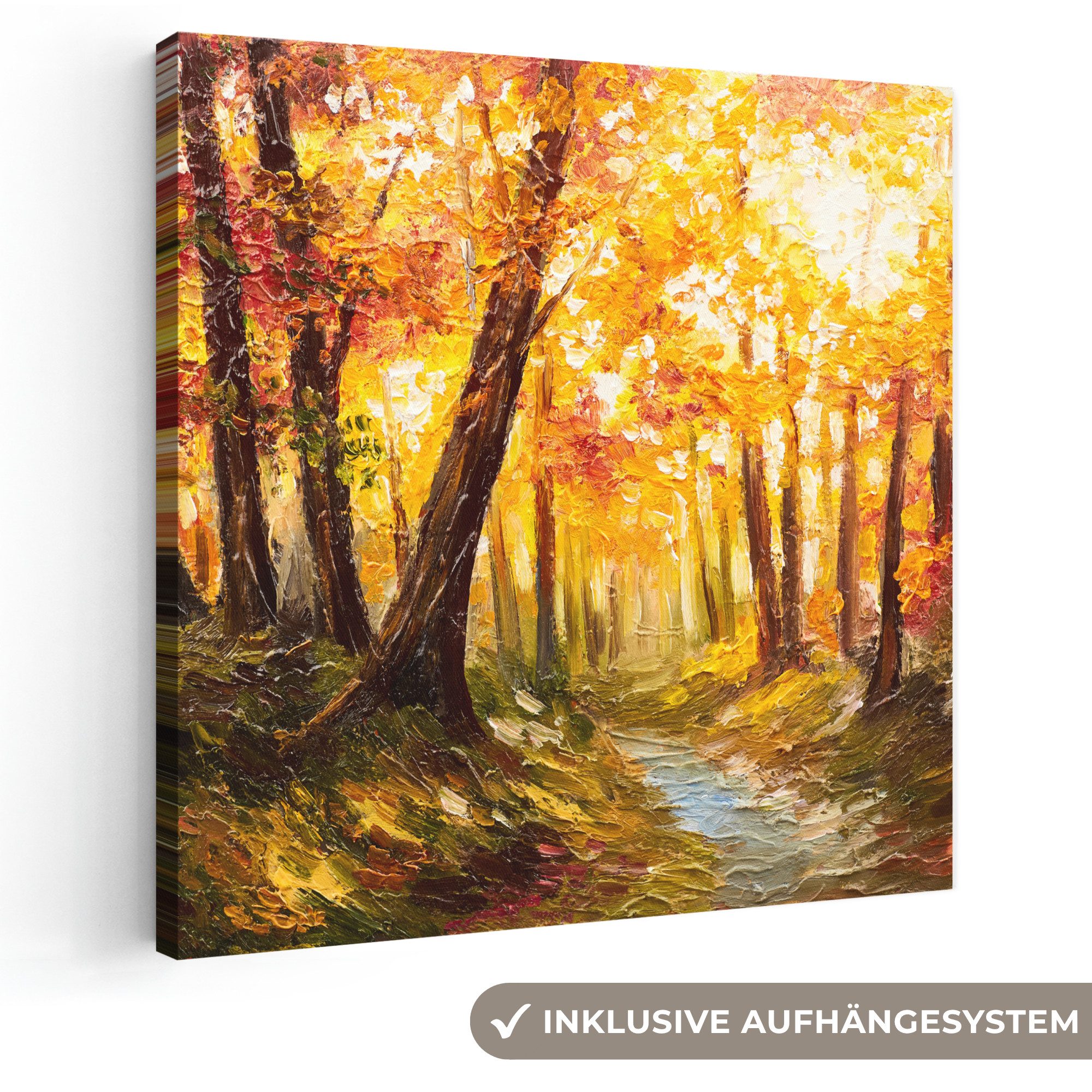 OneMillionCanvasses® Leinwandbild Kunstdrucke - Herbst - Wald - Ölfarbenoptik, Fotodruck (1 St), Wandbild, Deko Schlafzimmer Wohnzimmer Flur 20x20 cm