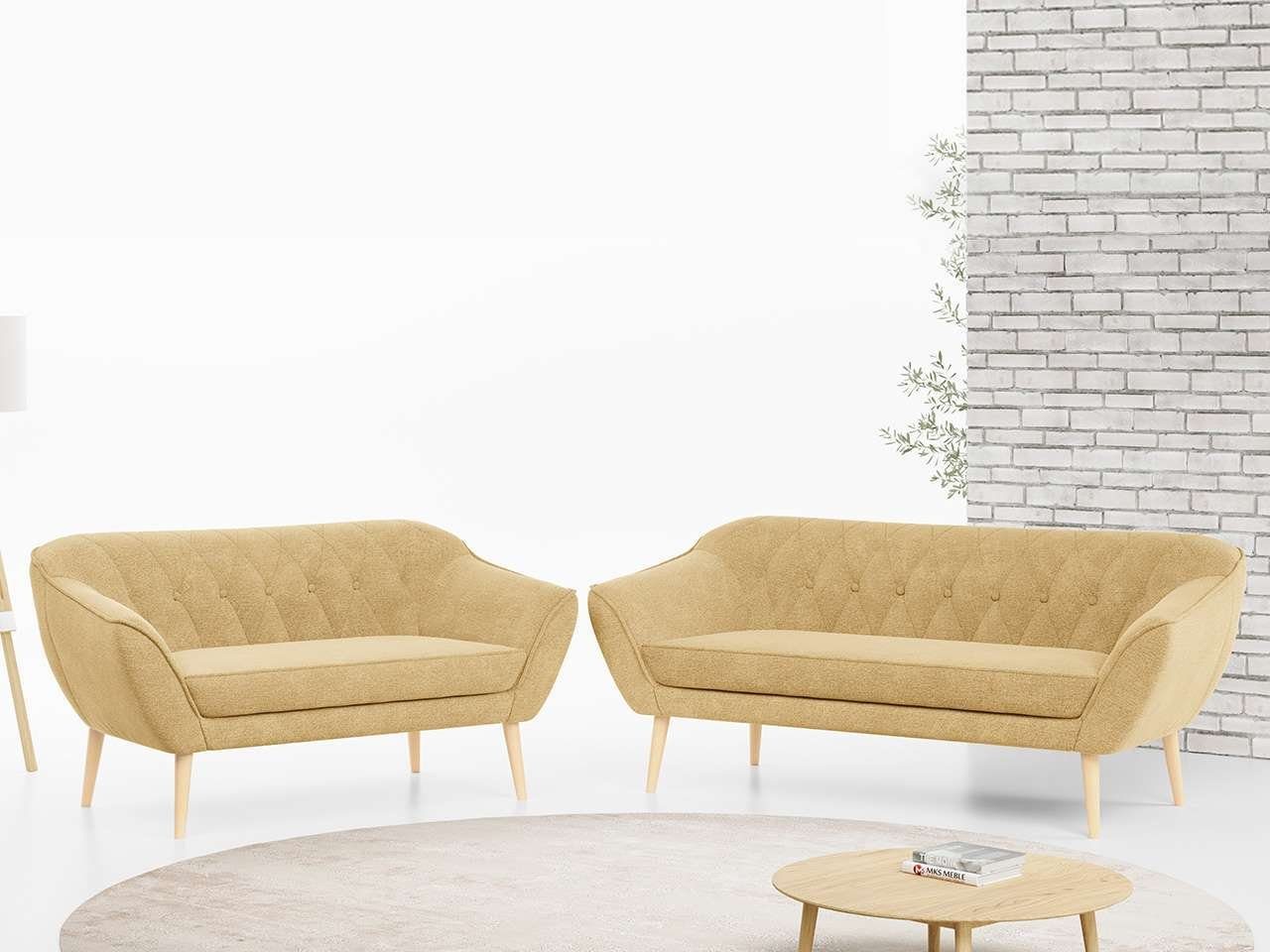 MKS MÖBEL Sofa PIRS 3 2, Skandinavischer Stil, Gesteppte Polsterung, Moderne Sofa Set 3 + 2 Gelb Matana
