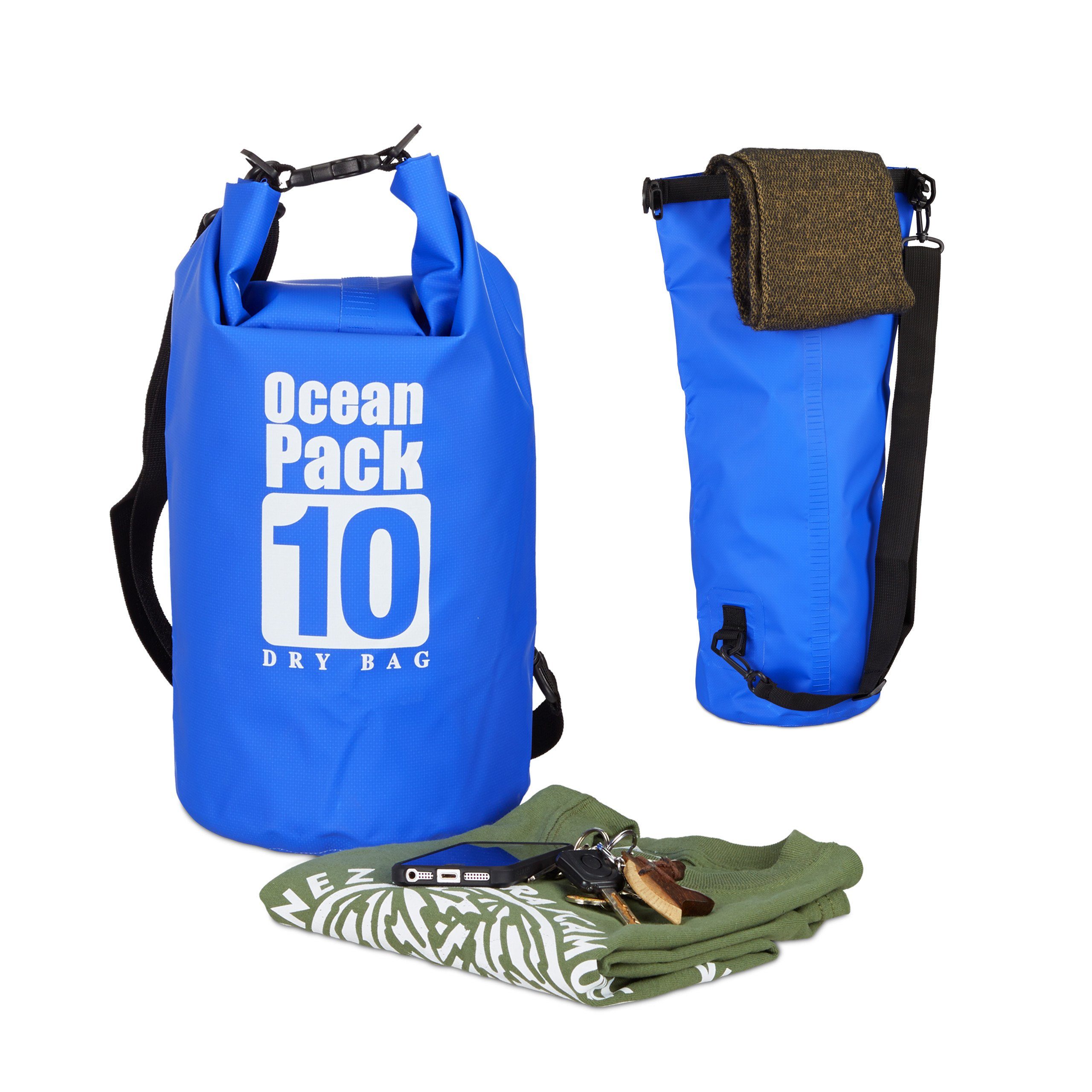 relaxdays Packsack Ocean Pack 10L wasserdicht, Blau Blau Schwarz Weiß | Seesäcke