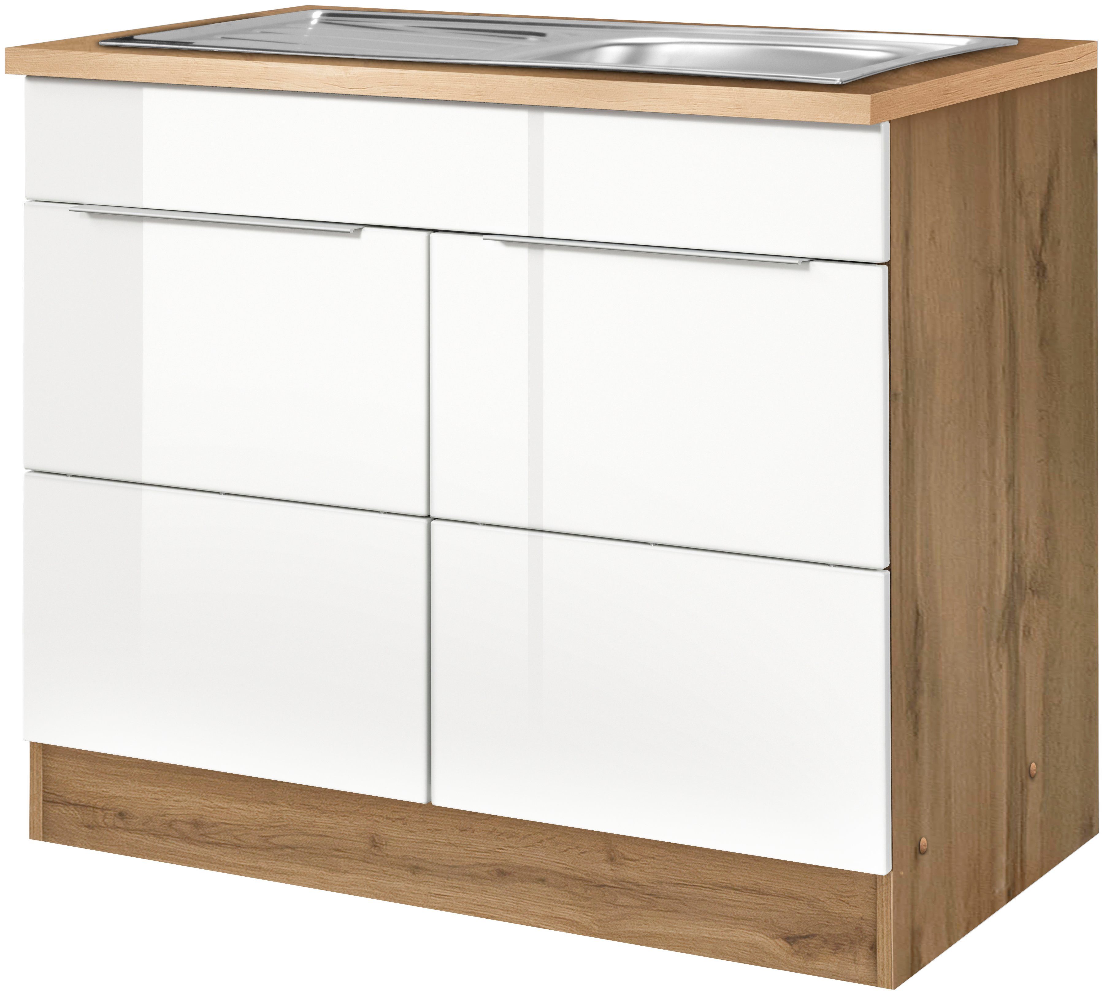 HELD MÖBEL Spülenschrank Brindisi 100 cm breit, inklusive Einbauspüle weiß Hochglanz/wotaneichefarbe | Spülenschränke