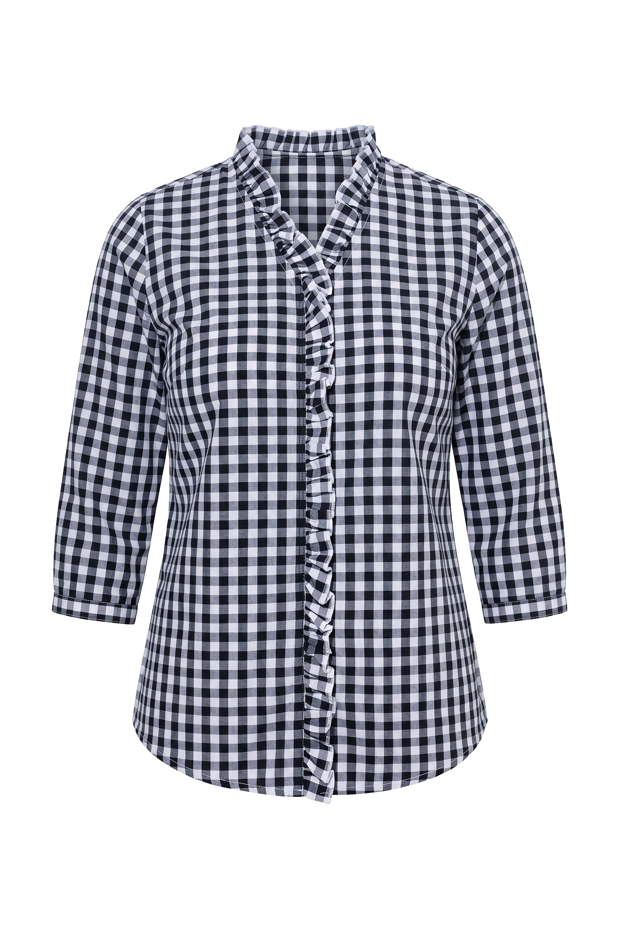 Ulla Popken Trachtenbluse Bluse Karomuster Rüschen Stehkragen 3/4-Arm