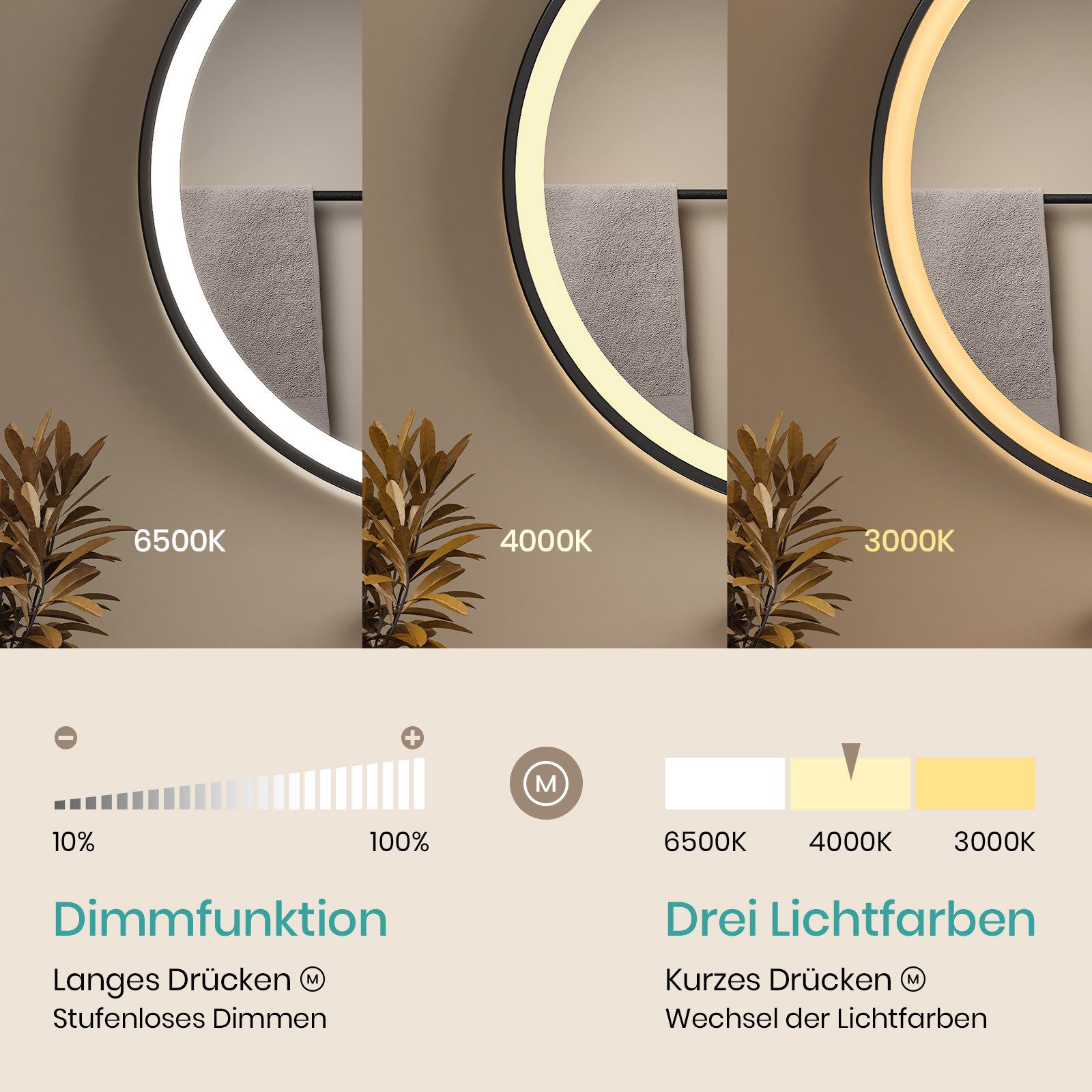 EMKE Badspiegel Antibeschlage 3 Lichtfarben Badezimmerspiegel mit schwarz Rahmen (50-80 cm, Touch Schalter), 3 Lichtfarben Dimmbar, Memory-Funktion, IP44