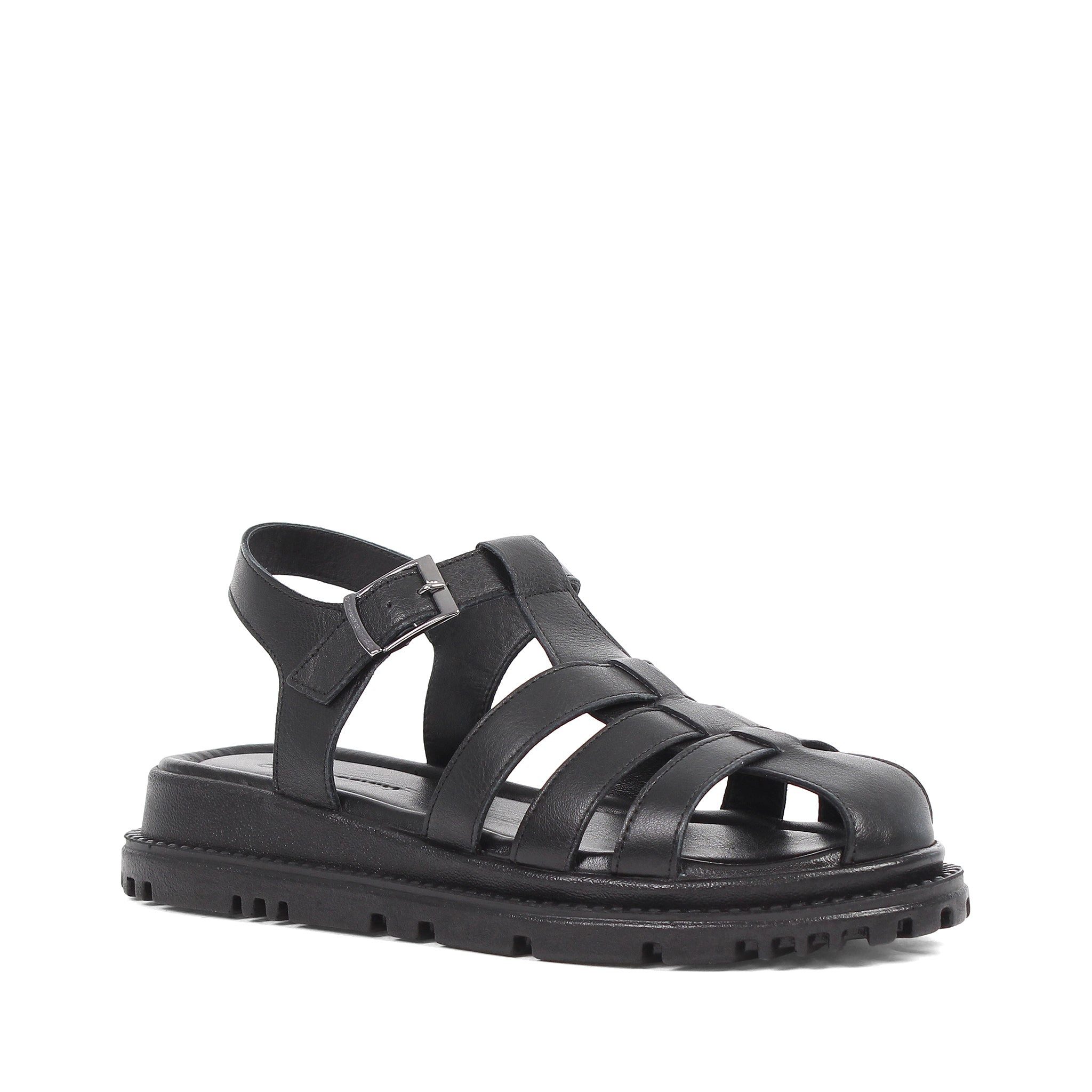 Celal Gültekin Flechtoptik Plateausohle Schnallenriemen Damen Römersandale Leder, Fisherman-Stil, Plateausohle, Schwarz, 37