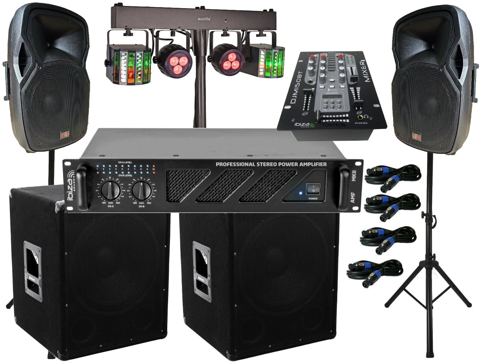 PA Set DJ 2Wege 38 cm Boxen Stativ 38cm Subwoofer 3600W LED Lichtset Party-Lautsprecher