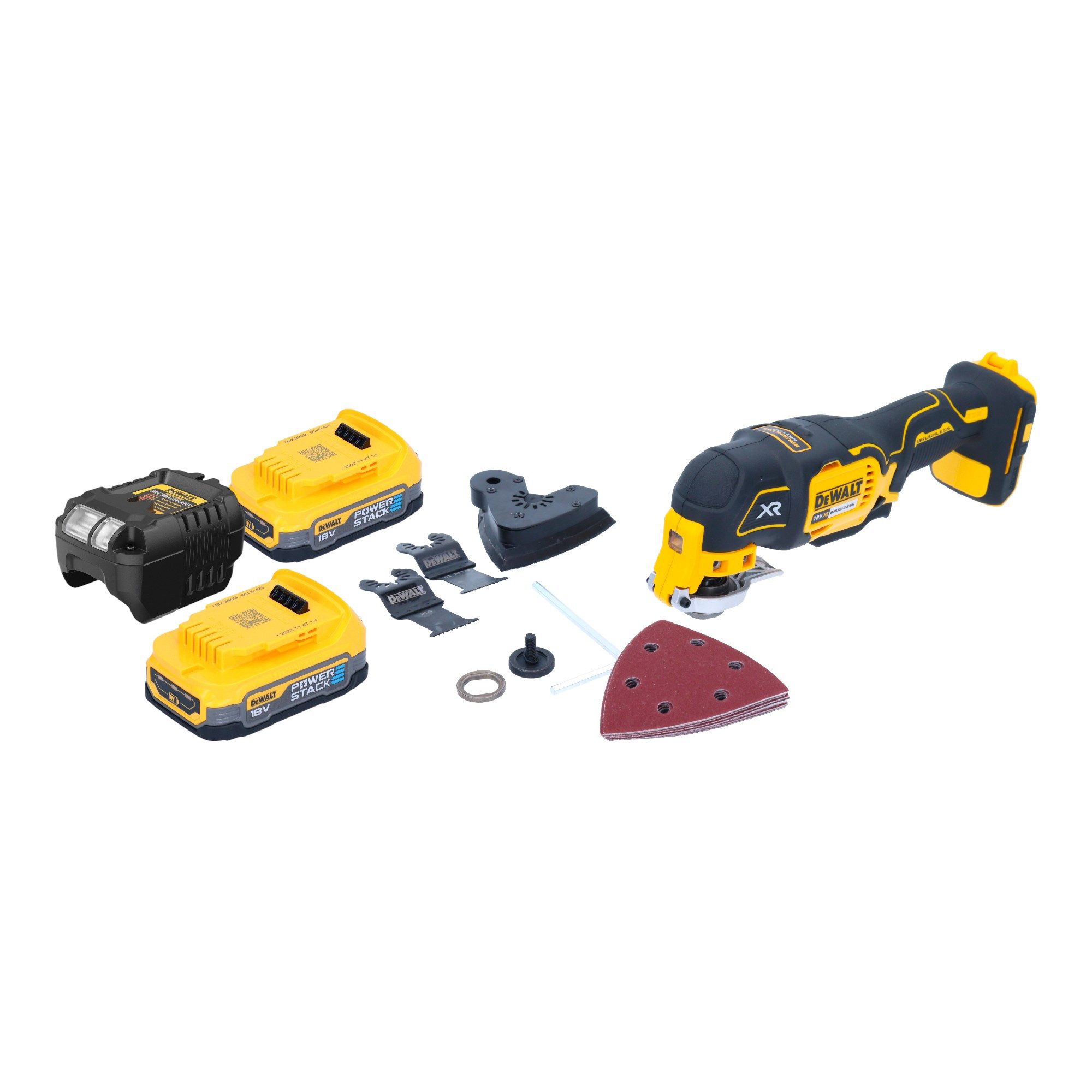 DeWalt Akku-Multifunktionswerkzeug DCS 355 E2 18 V Brushless + 2x Powerstack Akku 1,7Ah + Lader + Zubehör