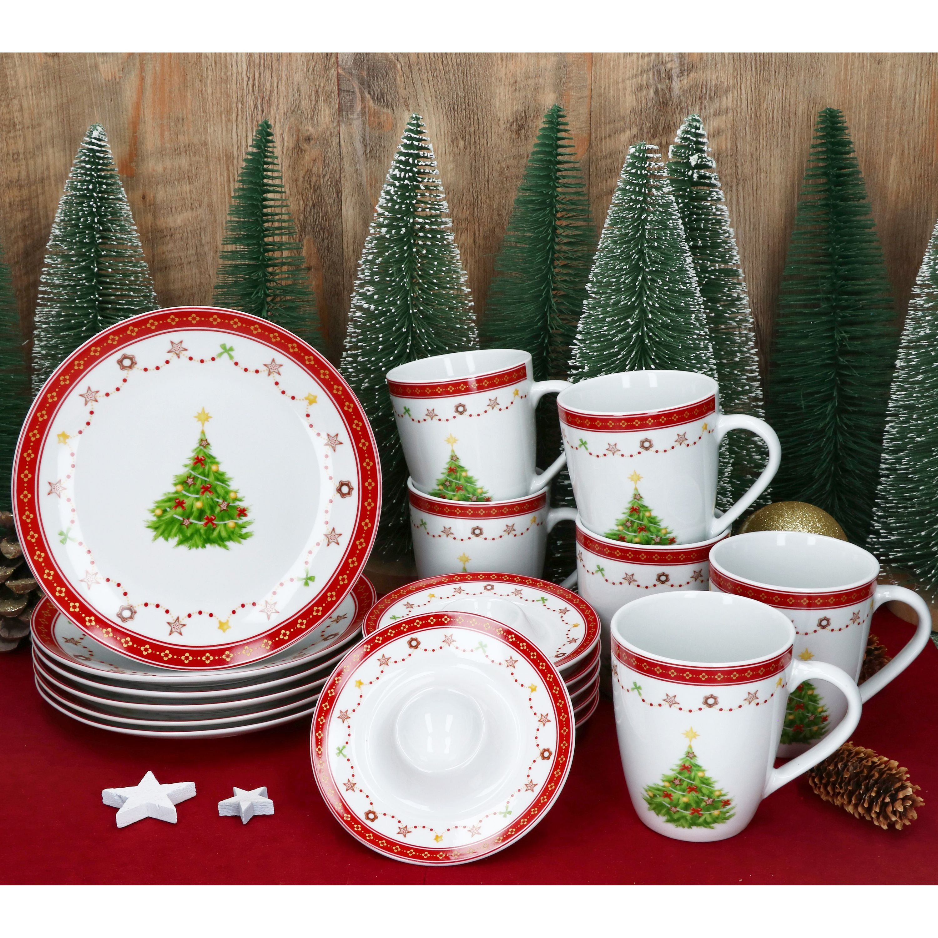 MamboCat Frühstücks-Geschirrset 18tlg Frühstücksset Weihnachtstraum Porzellan 6 Pers. Teller Becher, Porzellan, Weihnachtsgeschirr, Weihnachten, Weihnachtsset, Geschirr