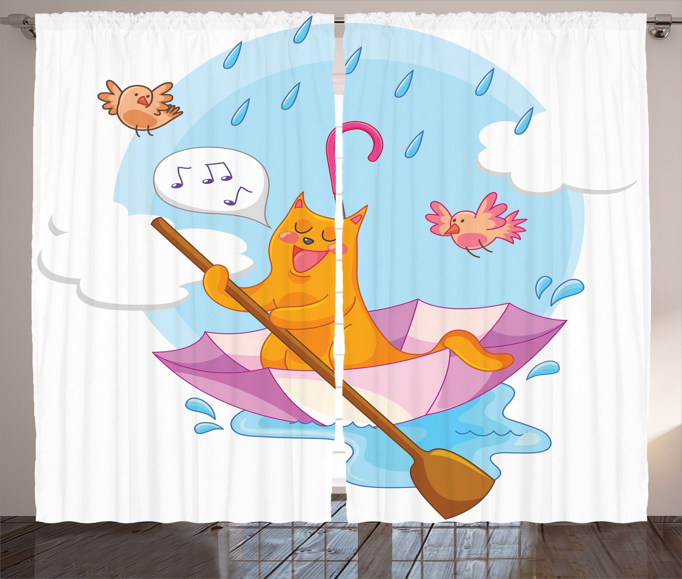 Gardine Schlafzimmer und Haken, Cartoon-Tier-Kind-Vögel Kräuselband Schlaufen Katze Vorhang Abakuhaus, mit