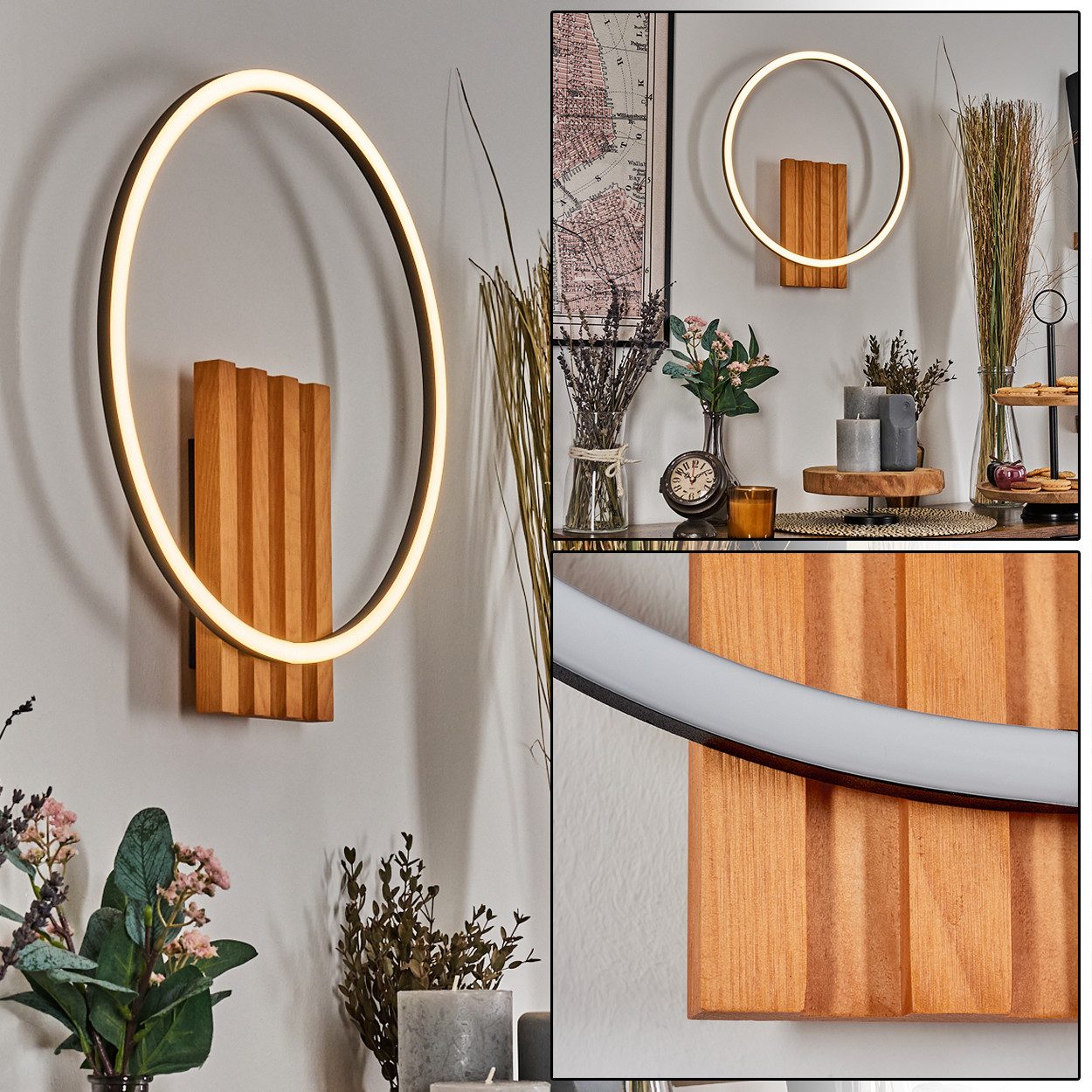 hofstein Wandleuchte moderne Wandlampe aus Holz/Metall/Kunststoff in Natur/Schwarz/Weiß, LED wechselbar, 3000 Kelvin, im skandinavischen Design, LED 15 Watt, 3000 Kelvin, 600 Lumen