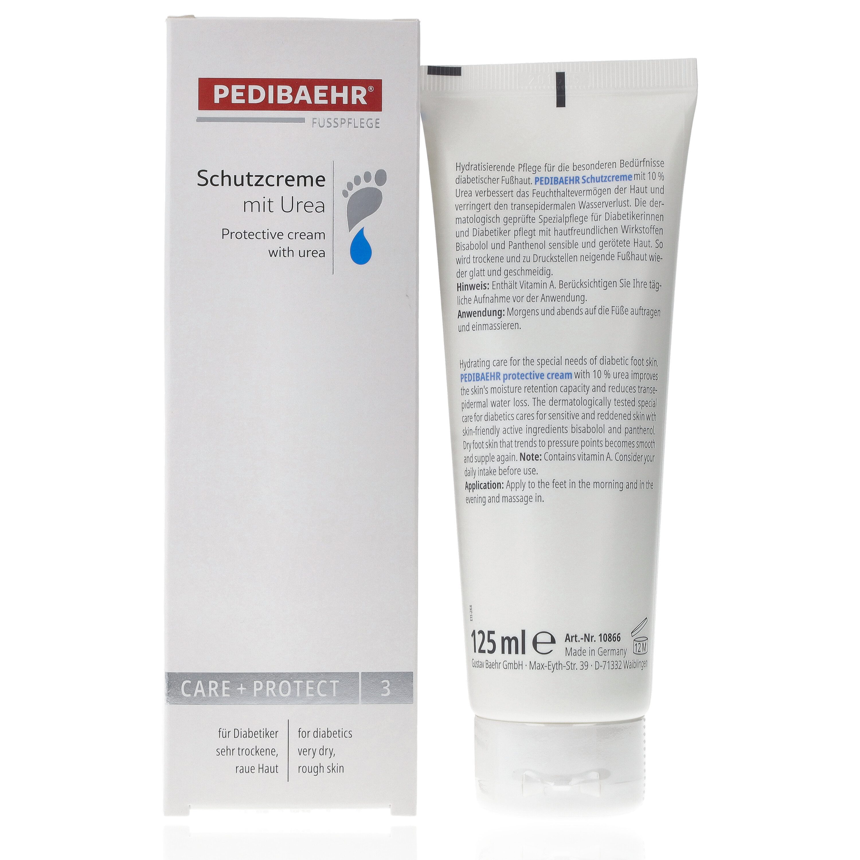 Pedibaehr Fußpflegecreme Pedibaehr Schutzcreme mit Urea 125ml Diabetiker geeignet, 1-tlg., mit 10% Urea, Bisabolo, Panthenol, Macadamia- & Hanföl