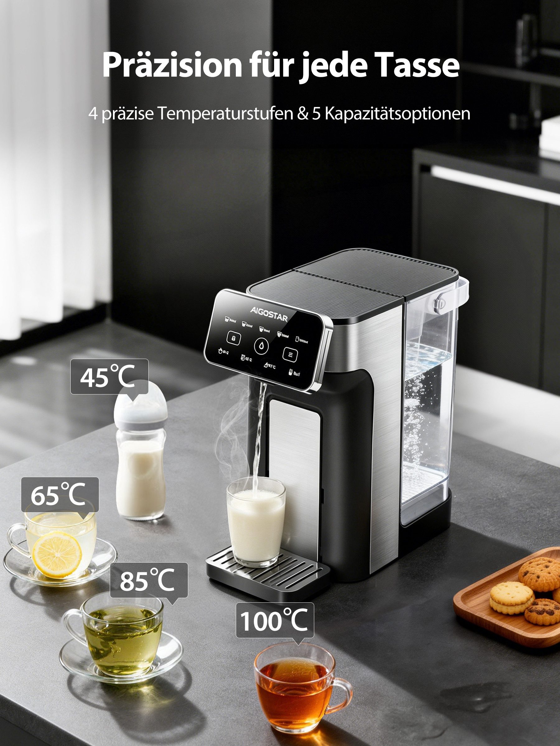 Aigostar Heißwasserspender Edelstahl 3L mit Filter-Slot, 3s Turbo Aufheizung Instant-Wasserkocher, 2600 W, 4 Temperaturstufen, Abtropfschale, kompatibel mit Brita-Filtern