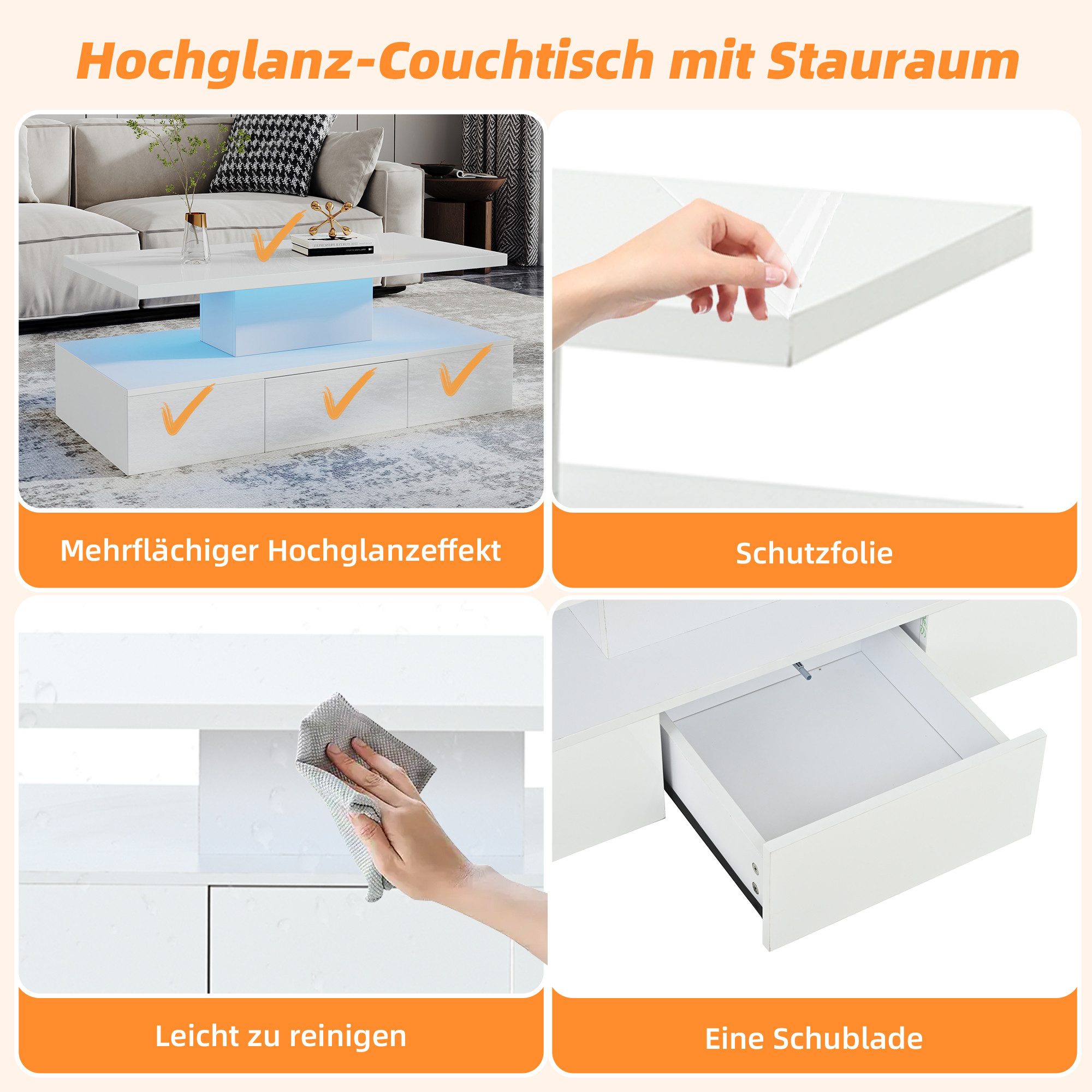 STILVORA Couchtisch mit LED-Licht,Sofatisch Wohnzimmertisch Hochglanz mit Schiebeschublade (Satztisch, Wohnzimmertisch, Kaffeetisch, 1-St., mit offenem Ausstellungsregal und 1 Schiebeschubladen), mit 16-farbigem LED-Licht