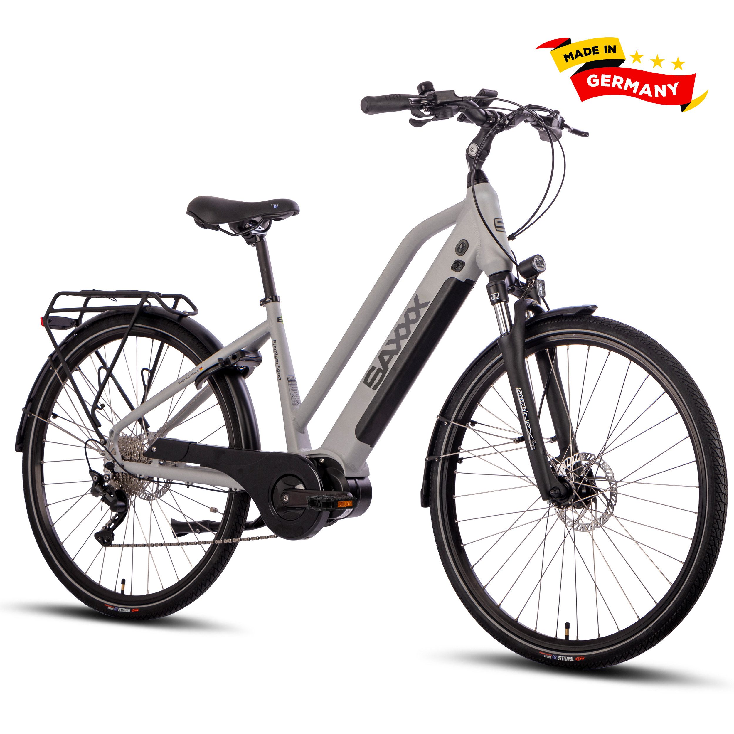 SAXXX E-Bike Trekkingrad 28x2'' für Damen u. Herren, SAXXX PST, 522Wh, 60-100km, 130kg, 10 Gang SHIMANO Deore Schaltwerk, Kettenschaltung, Mittelmotor, 522 Wh, (mit abnehmbarem Akku, mit Schloss, vormontiert zu 95), 25km/h, Pedelec, E-Cityrad, hydr. Schei