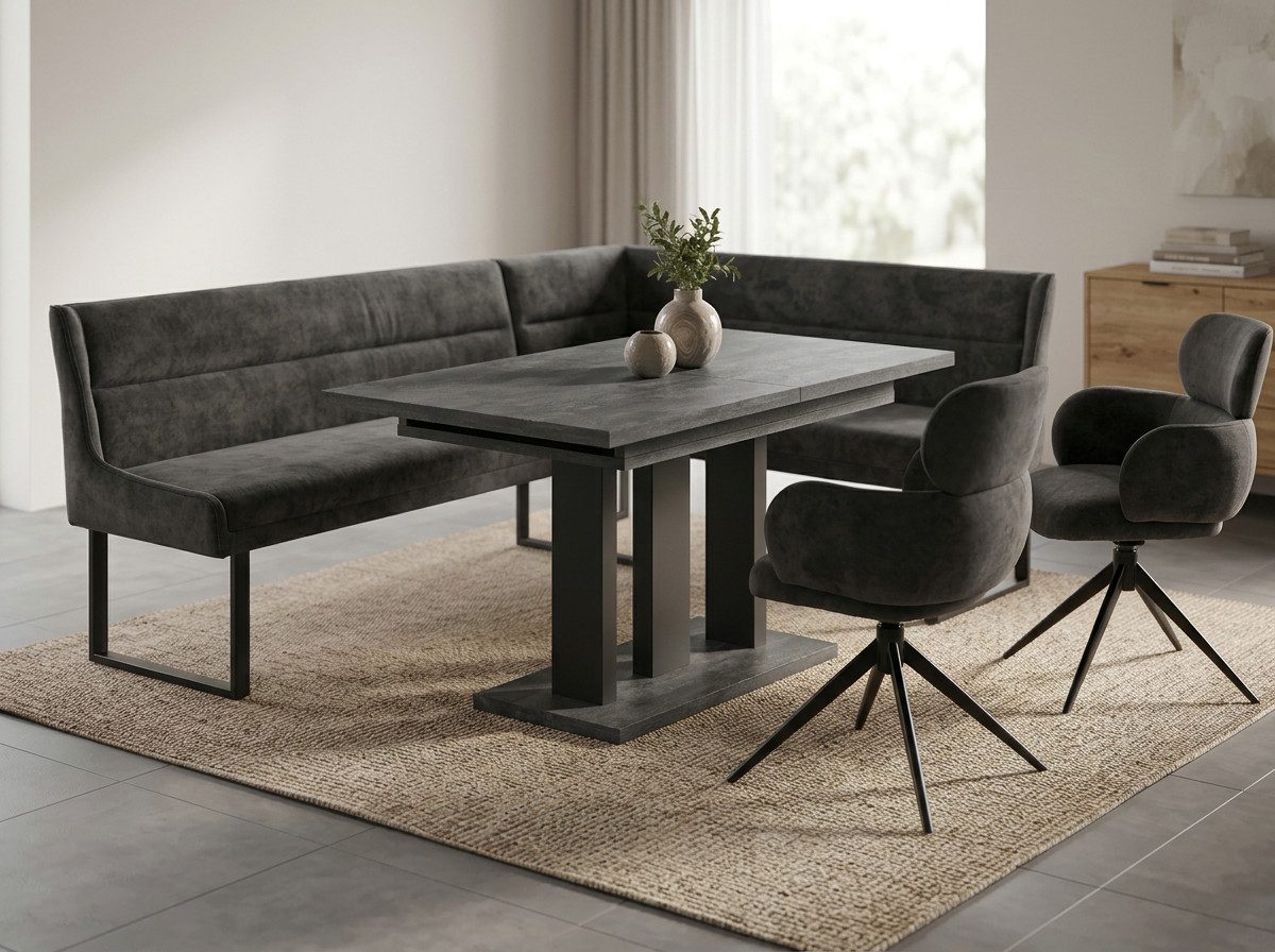 Endo-Moebel Eckbankgruppe Eckbankgruppe Esstisch ausziehbar 2 Stühle Eckbank Farbauswahl Set, (Eckbankgruppe, Eckbankgruppe inklusive Eckbank, Tisch und 2 Drehstühlen), Chenille 310 g/m², 360° Drehstühle, Auto-Return, Synchronauszug