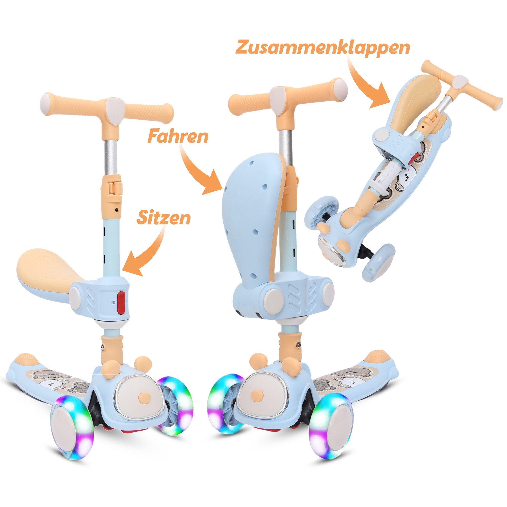 Habib Gruppe Sitzscooter Kinderroller ab 2 Jahre 3in1 mit umklappbarem Sitz und LED-Rädern, LED-Räder, umklappbarer Sitz, klappbar, Lenker höhenverstellbar
