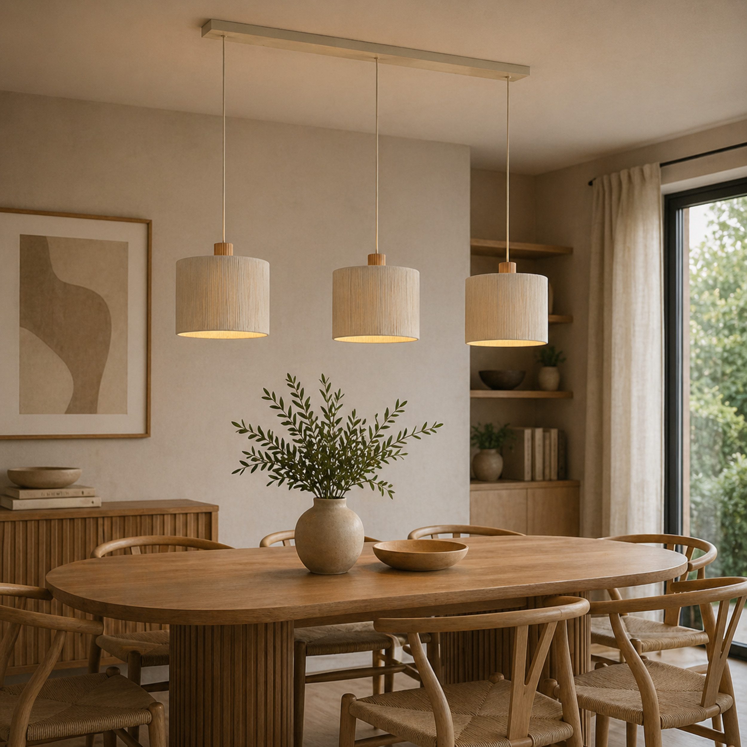 Lightbox Pendelleuchte, ohne Leuchtmittel, 3x E27 Fassung, 120 x 28 x 150 cm, kürzbar, Metall/Holz/Textil, beige