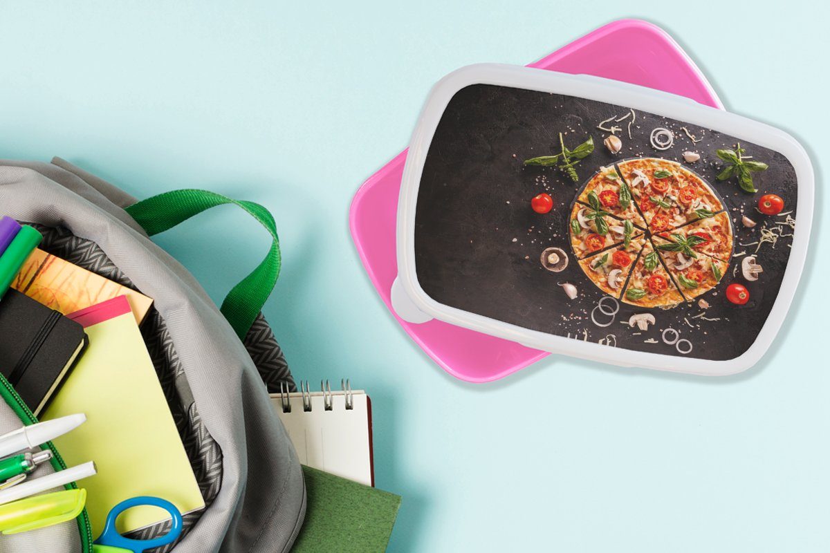 Küche Kräuter - Snackbox, Erwachsene, - Pizza MuchoWow Kunststoff Lunchbox Brotbox Kunststoff, Kinder, Brotdose (2-tlg), Mädchen, Gemüse - - rosa für Industrie,