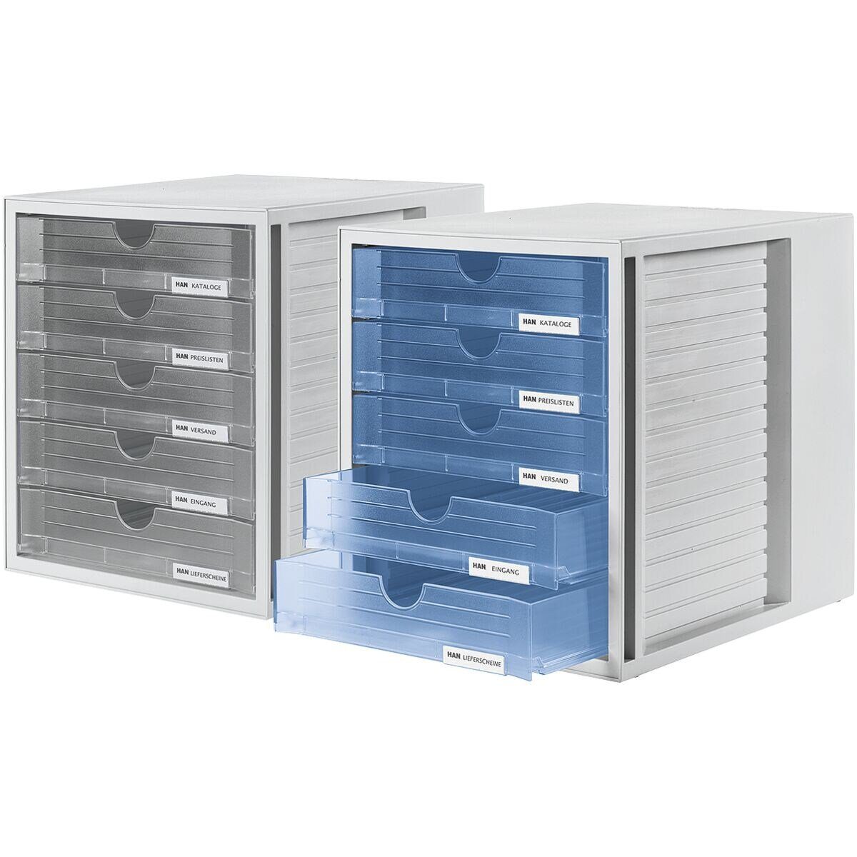 5 geschlossen, integrierbar Schubladenbox 1450, transparent blau mit Schubladen, stapelbar/ HAN
