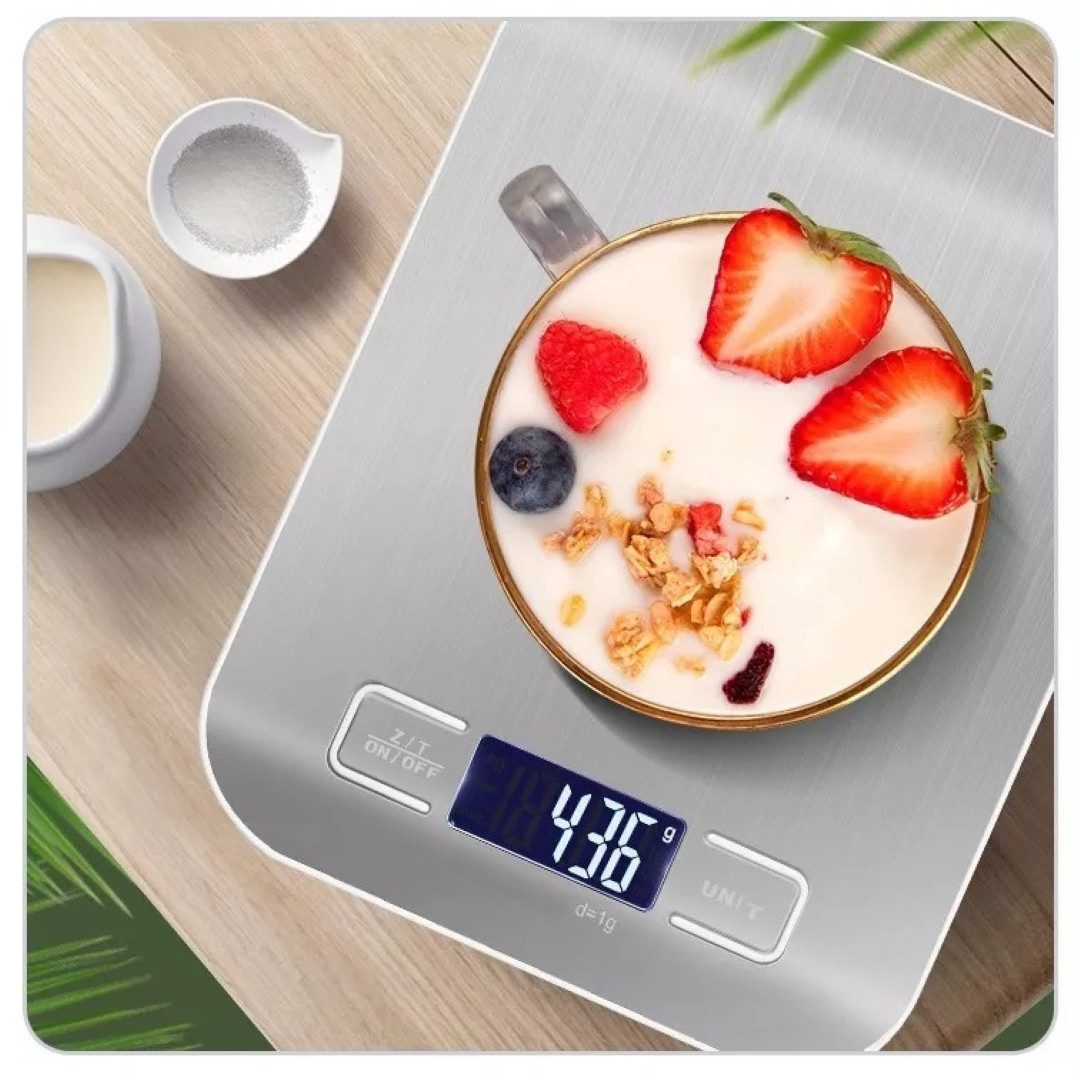 Ideal Cook Küchenwaage Elektronische Küchenwaage LCD, 5kg/1g Präzision mit Edelstahlfläche, (TARA-Funktion, automatische Abschaltung, Inklusive Batterien und Bedienungsanleitung), TARA-Funktion, automatische Abschaltung, präzise Messsensoren.