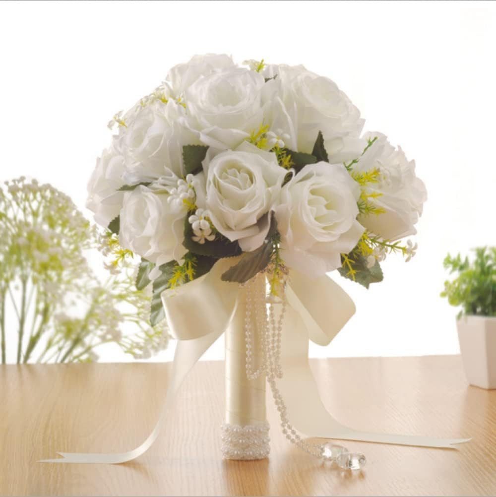 Kunstblumenstrauß Brautstrauß Hochzeit Koreanischer Stil Weiß Falsche Rosen Brautstrauß, FELIXLEO – Bild 4 von 4